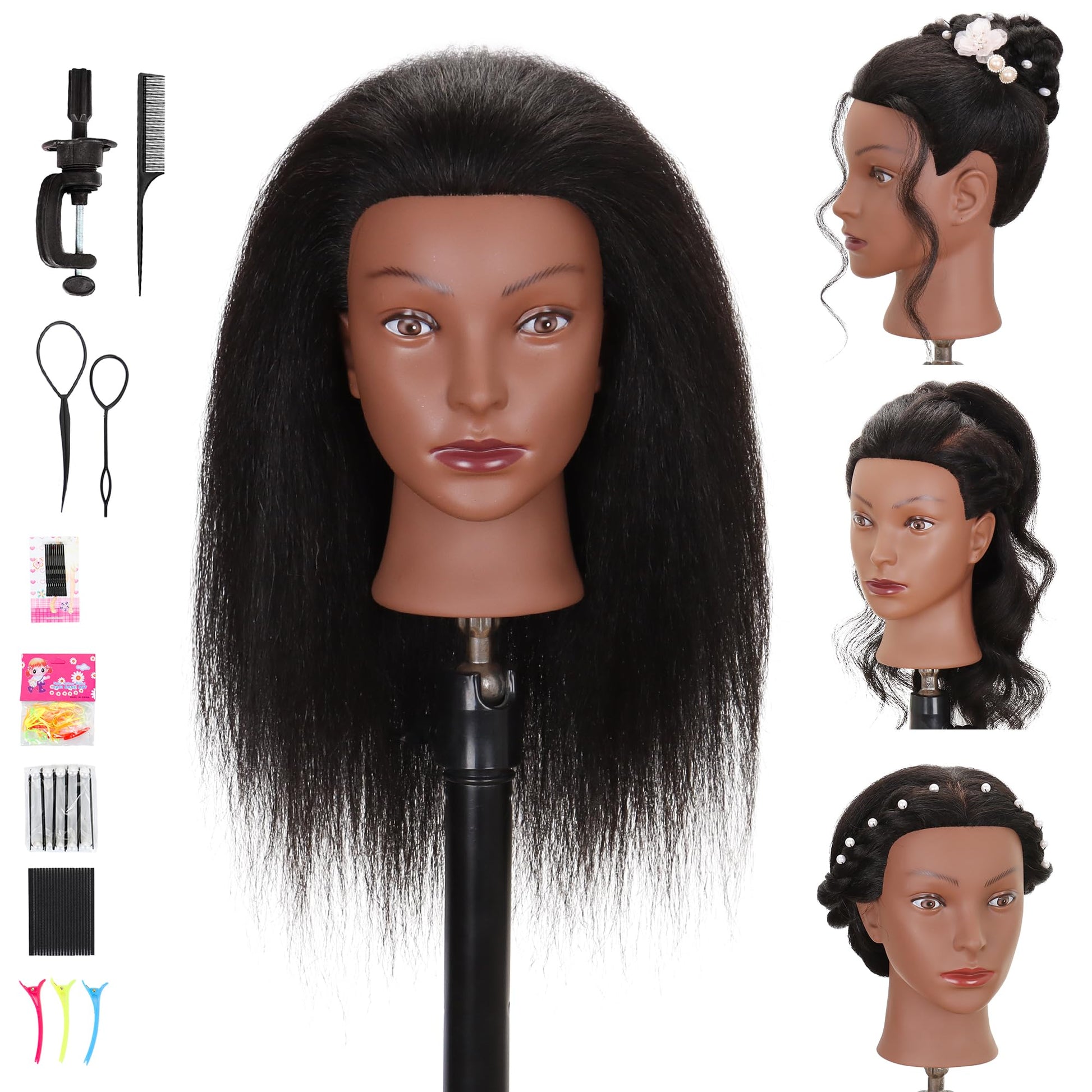 White Smoke Mannequin Head 100% Real Human Hair Training Doll Head for Braiding Styling Cosmetology Practice with Clamp Stand (18 Inch)