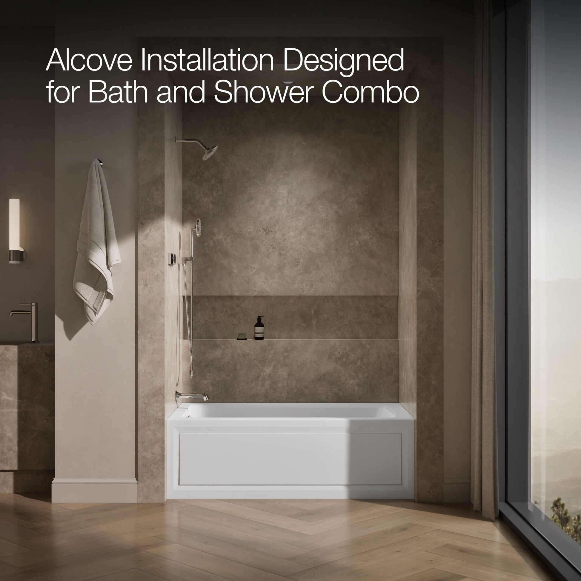 Dark Olive Green Kohler K-1122-HL-0 Archer 60"x32" alcove whirlpool with integral apron, left hand drain and heater, White