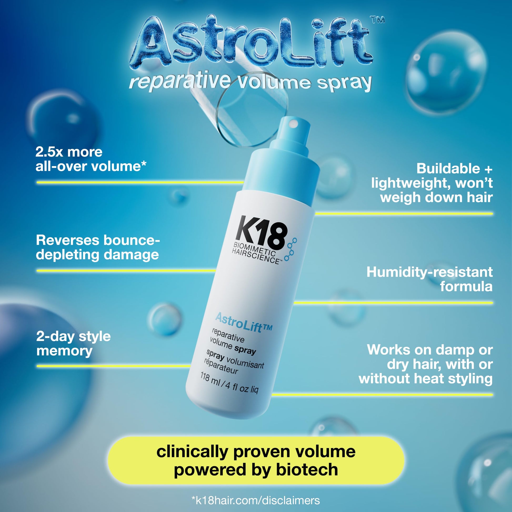 Medium Aquamarine K18 AstroLift™ Reparative Volume Spray, 2-Day Hair Thickening + Hold For Thin, Fine, Fragile Hair, Non-Sticky, Non-Crunchy, Humidity-Resistant Volumizing Spray, 4 Fl Oz