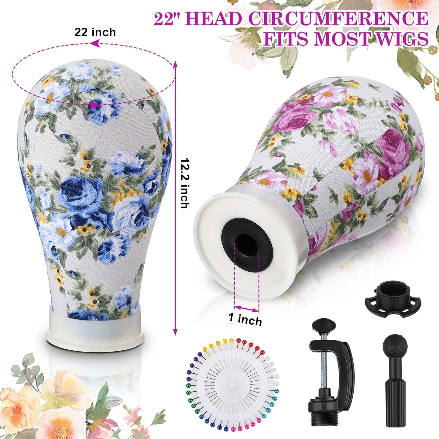 White Smoke DoubleFill 2-Piece Mannequin Heads for Wigs - 22 Inch Canvas Wig Heads with Mount Hole Pins & 2 C Clamp Stand Holder for Lace Wig Making & Display (Floral)