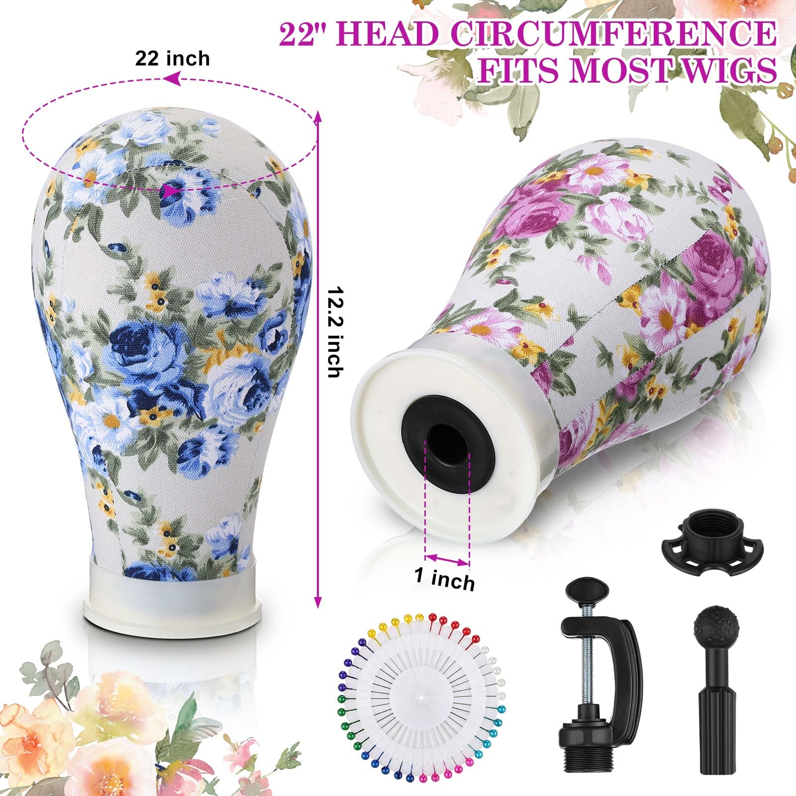 White Smoke DoubleFill 2-Piece Mannequin Heads for Wigs - 22 Inch Canvas Wig Heads with Mount Hole Pins & 2 C Clamp Stand Holder for Lace Wig Making & Display (Floral)