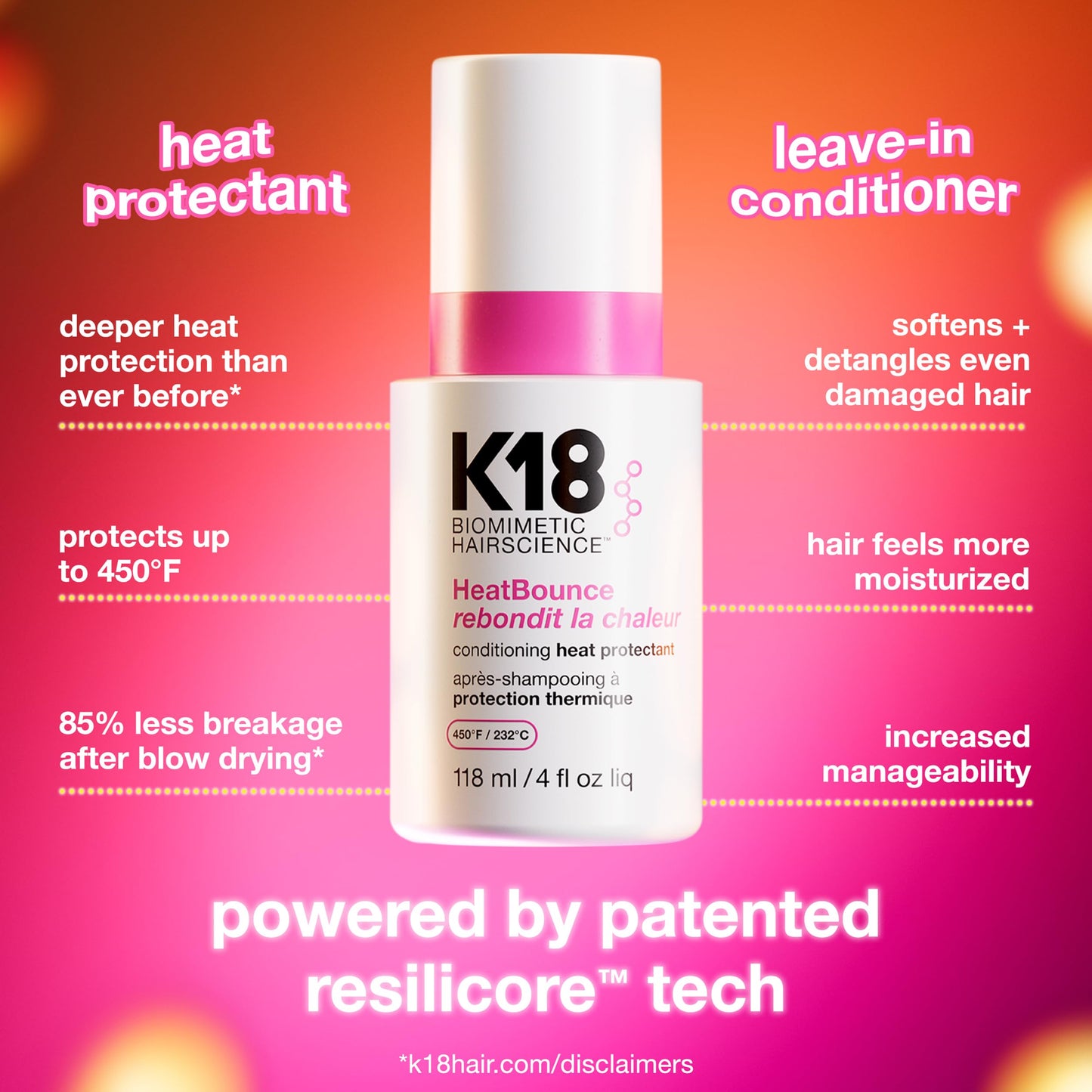 Hot Pink K18 HeatBounce Conditioning Heat Protectant Spray, Lightweight Leave-In Conditioner + 450℉ (232°C) Heat Protection, Soften, Smooth + Detangle All Hair Types, 4 Fl Oz Liq