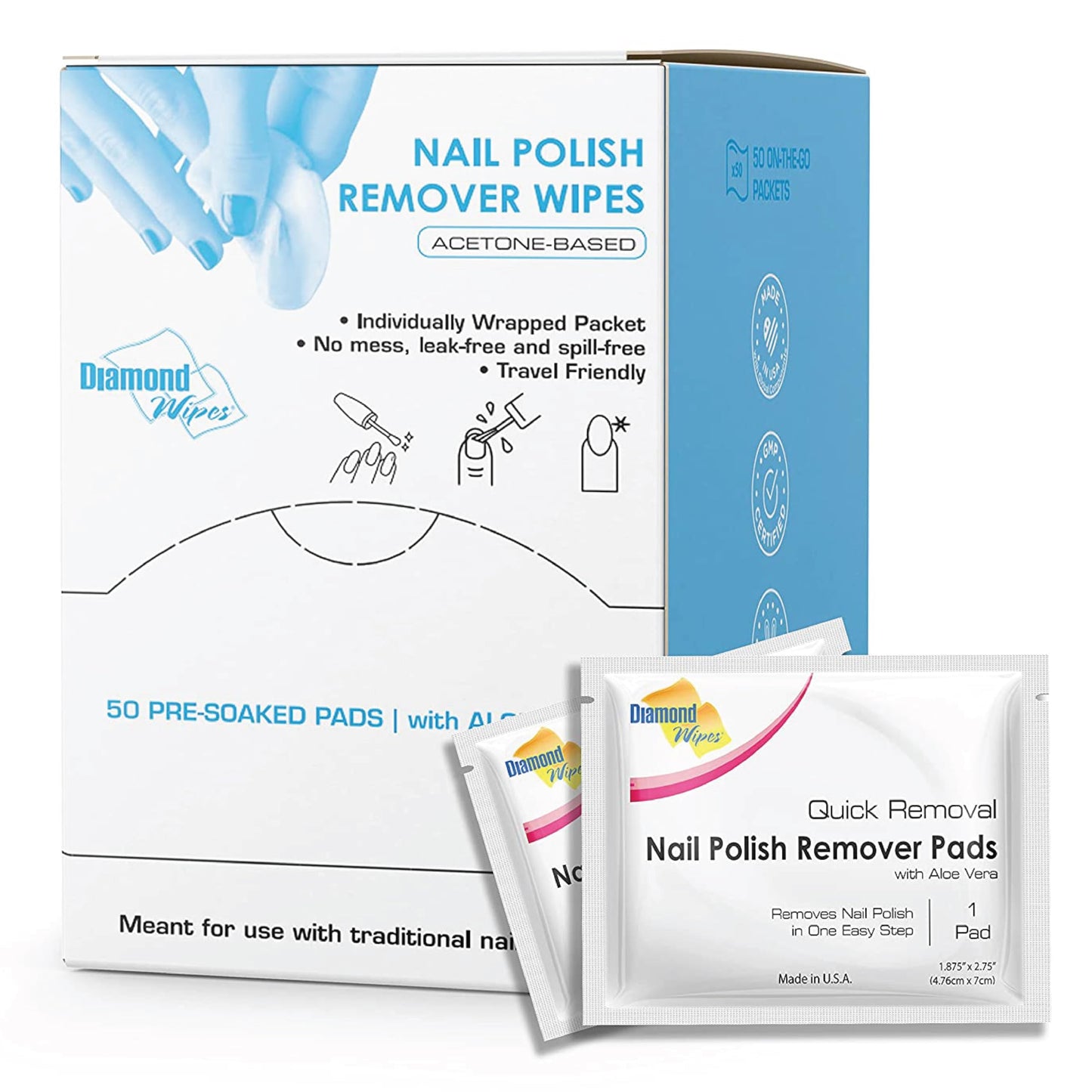 White Smoke Diamond Wipes Nail Polish Remover Wipes with Aloe Vera, Acetone Nail Polish Remover Pads, 50 Individually Wrapped Nail Polish Wipes