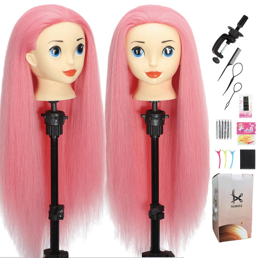 White Smoke TKIMHEQ Mannequin Head with Hair 24'' Doll Head for Hair Styling Training Head Manikin Practice Cosmetology Doll Head Styling Hairdressing Training Braiding Heads with Clamp Holder (Dark Pink)