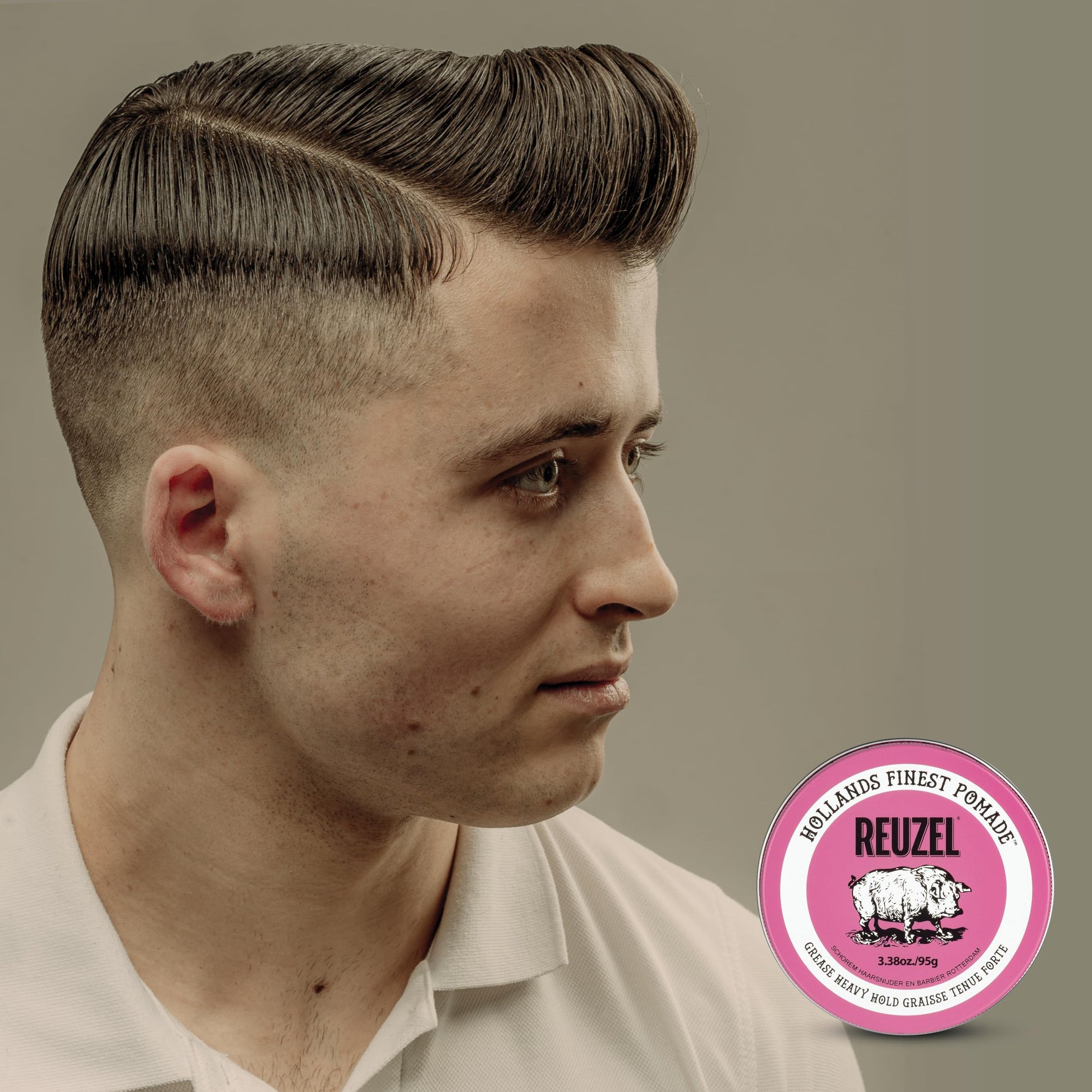 Slate Gray REUZEL Pink Grease Pomade, Strong All Day Hold, Oil-Based Styling Wax, Medium Shine, Easy To Wash Out, For All Hair Types