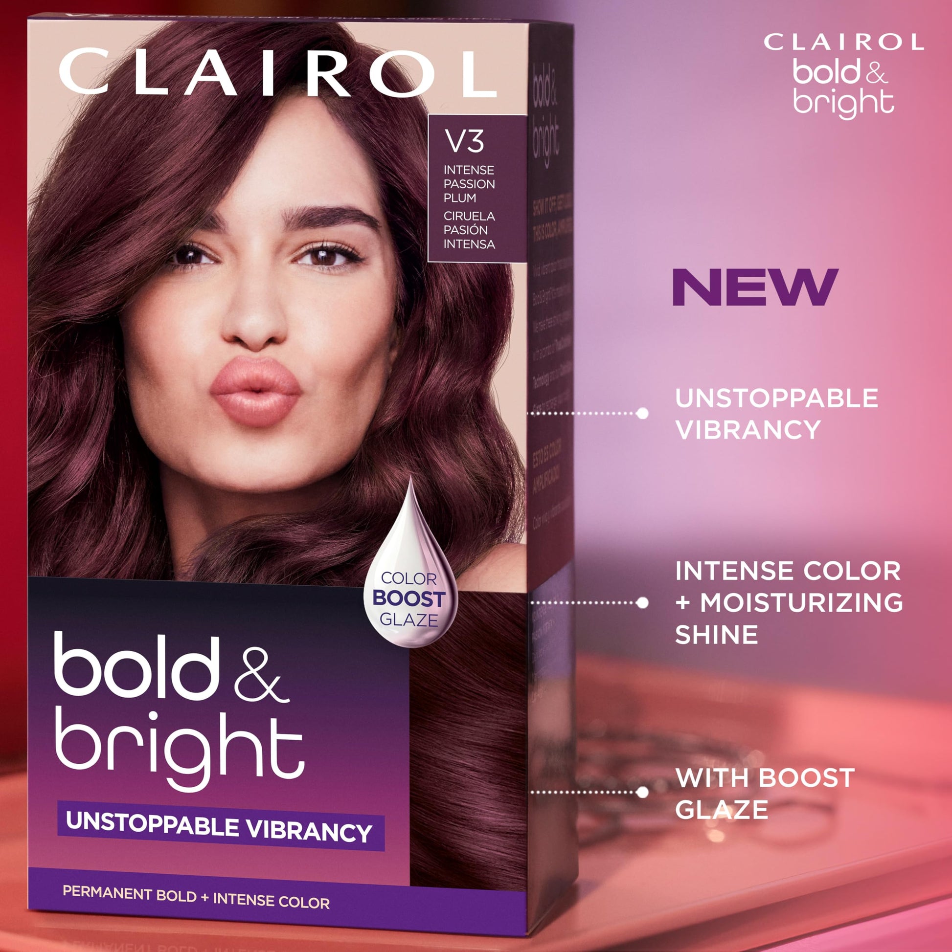 Black Clairol Bold & Bright Permanent Hair Dye, V3 Intense Passion Plum Hair Color | Intense Vibrancy + Moisturizing Shine | Includes Color Boost Glaze to Amplify Color Anytime | Pack of 1