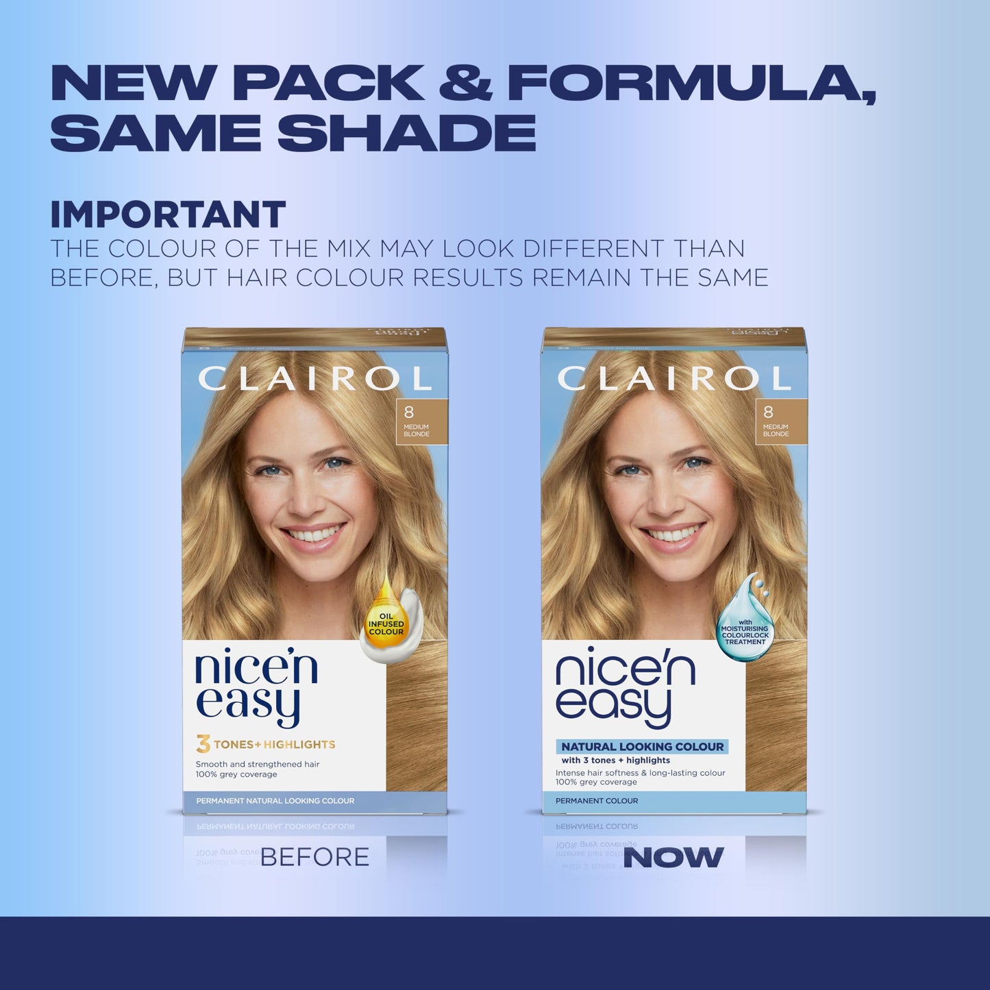 Powder Blue Clairol Nice'n Easy Permanent Hair Dye, 8 Medium Blonde Hair Color, Pack of 3 - Packaging May Vary