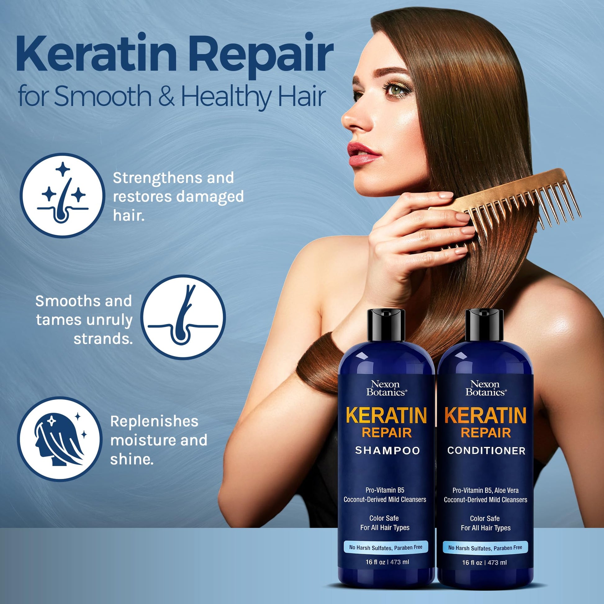 Dark Gray Keratin Shampoo and Conditioner Set 16 fl oz Each - Strengthening & Smoothing Care for Dry, Damaged, Frizzy or Keratin-Treated Hair - Color Protecting - Champu Cabello con Keratina - Nexon Botanics