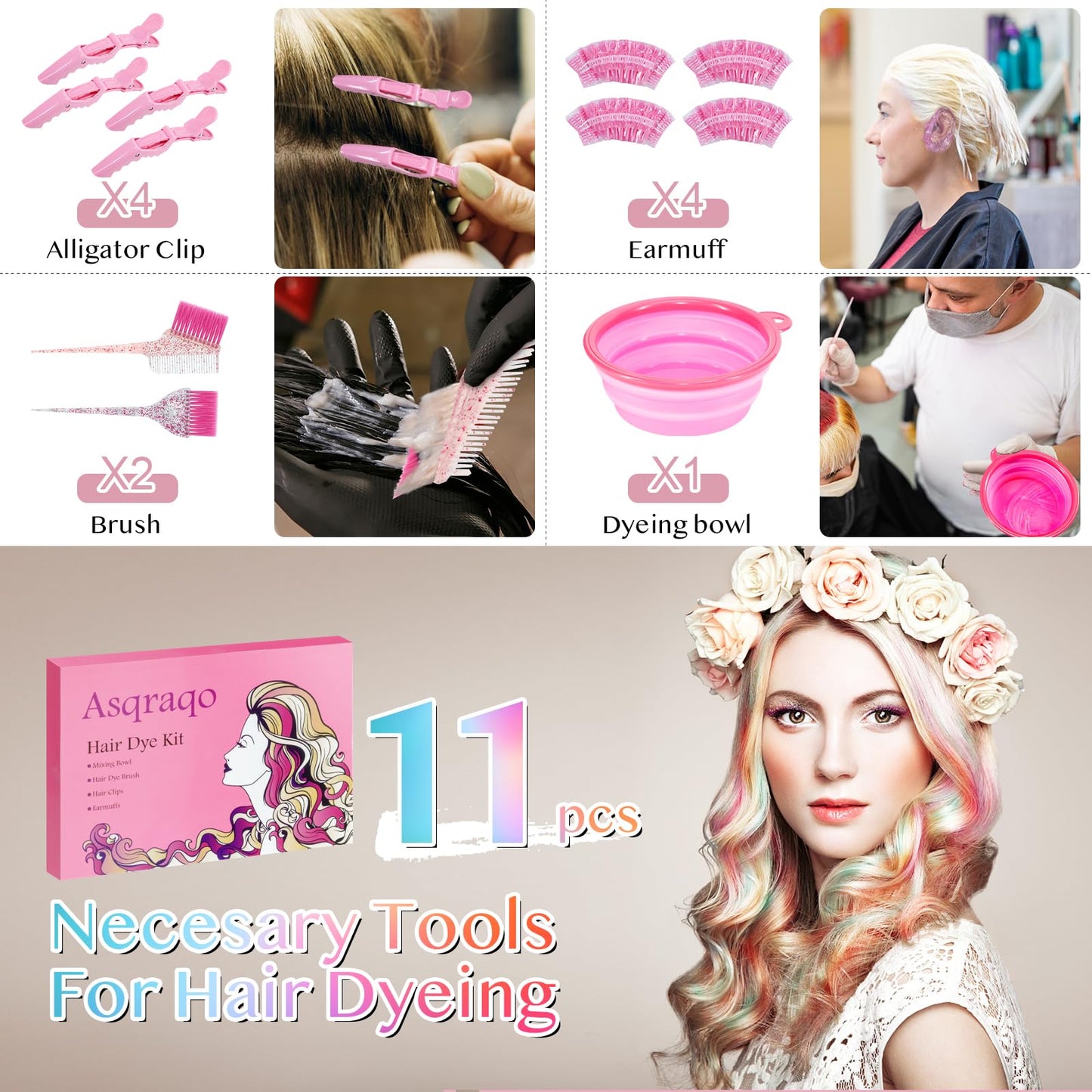 White Smoke Asqraqo 11pcs Hair Coloring Kit - Professional Salon Tools for DIY Mixing, Includes Clips, Bowl, Dye Brush, Earmuffs - Perfect for Bleaching and Dye