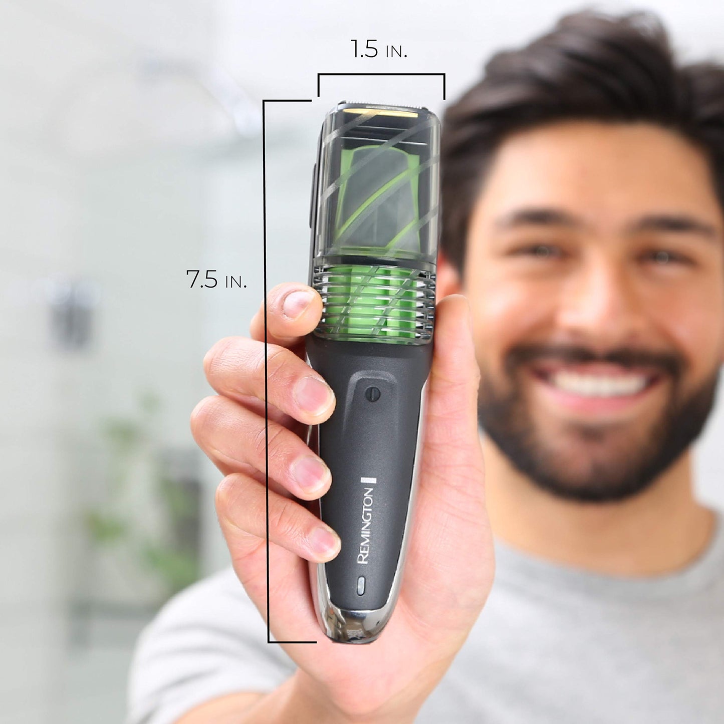 Light Gray Remington Vacuum Beard Trimmer,13 Length and Style Settings with Adjustable Length Comb (2-18mm),Vacuum Trimmer for Beard, Mustache, and Stubble, Rechargeable Lithium Power, Washable, Removable Blades
