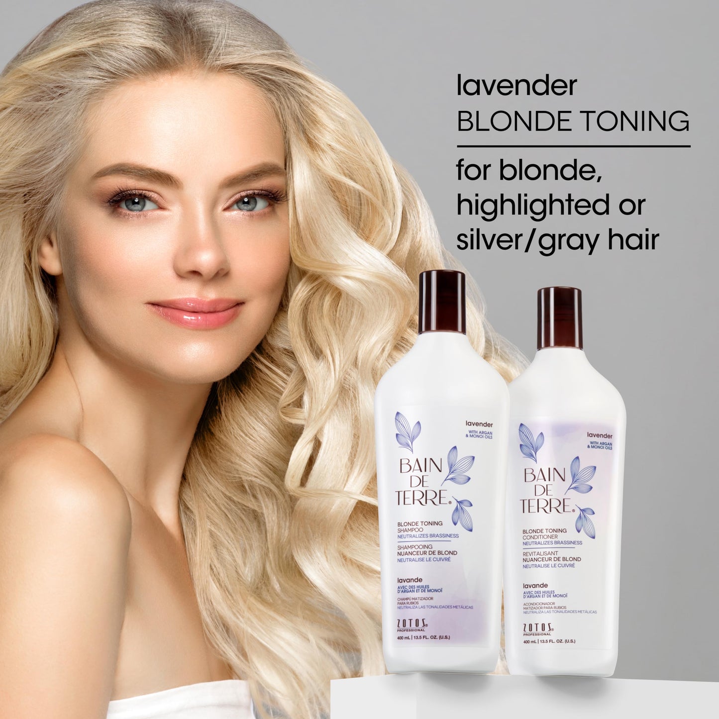 Gray Bain de Terre Lavender Blonde Toning Shampoo, Neutralize Brassy Tones for Cool Blonde, Highlighted or Gray Hair, with Argan & Monoi Oils, Paraben-Free, Vegan, 13.5 Fl Oz