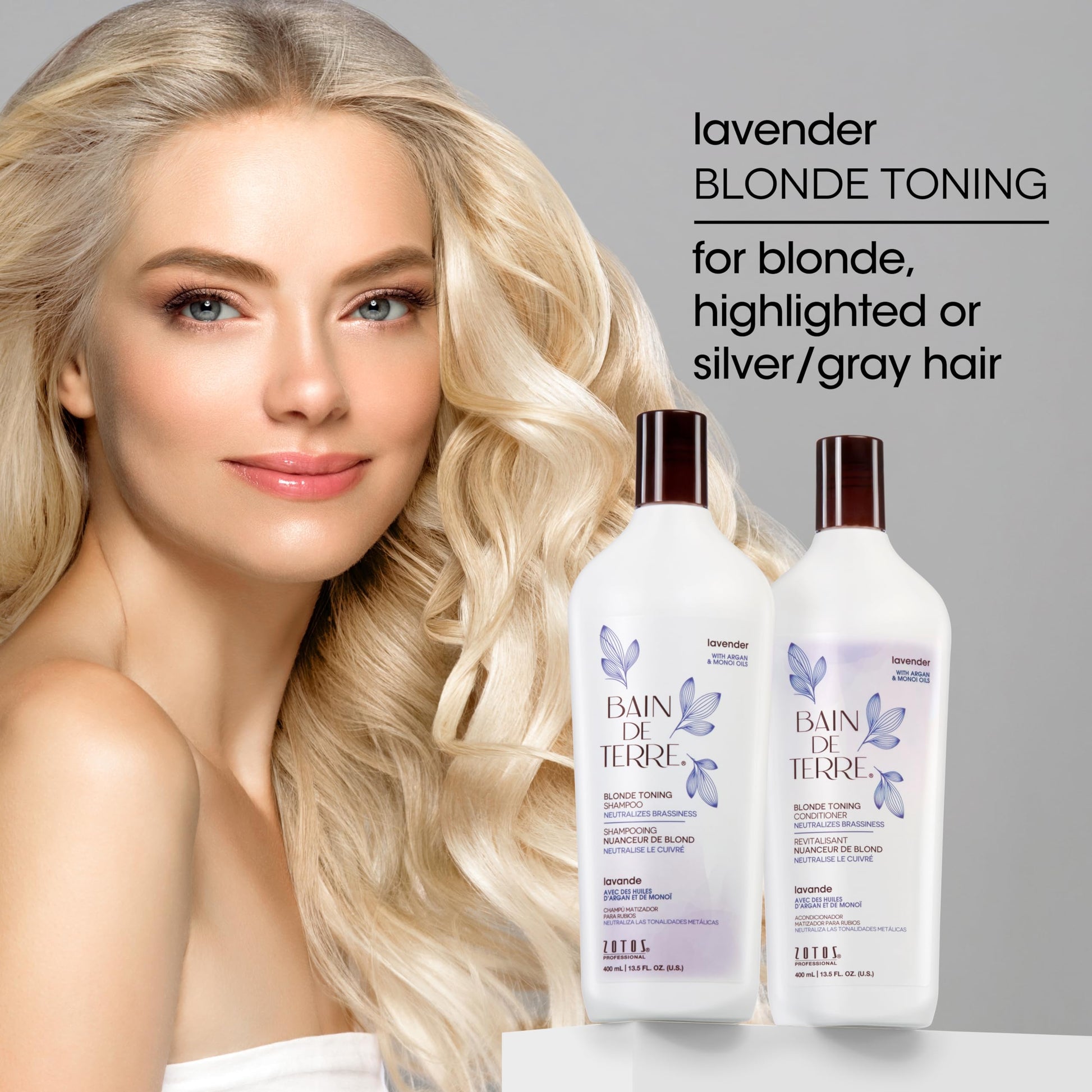Gray Bain de Terre Lavender Blonde Toning Shampoo, Neutralize Brassy Tones for Cool Blonde, Highlighted or Gray Hair, with Argan & Monoi Oils, Paraben-Free, Vegan, 13.5 Fl Oz