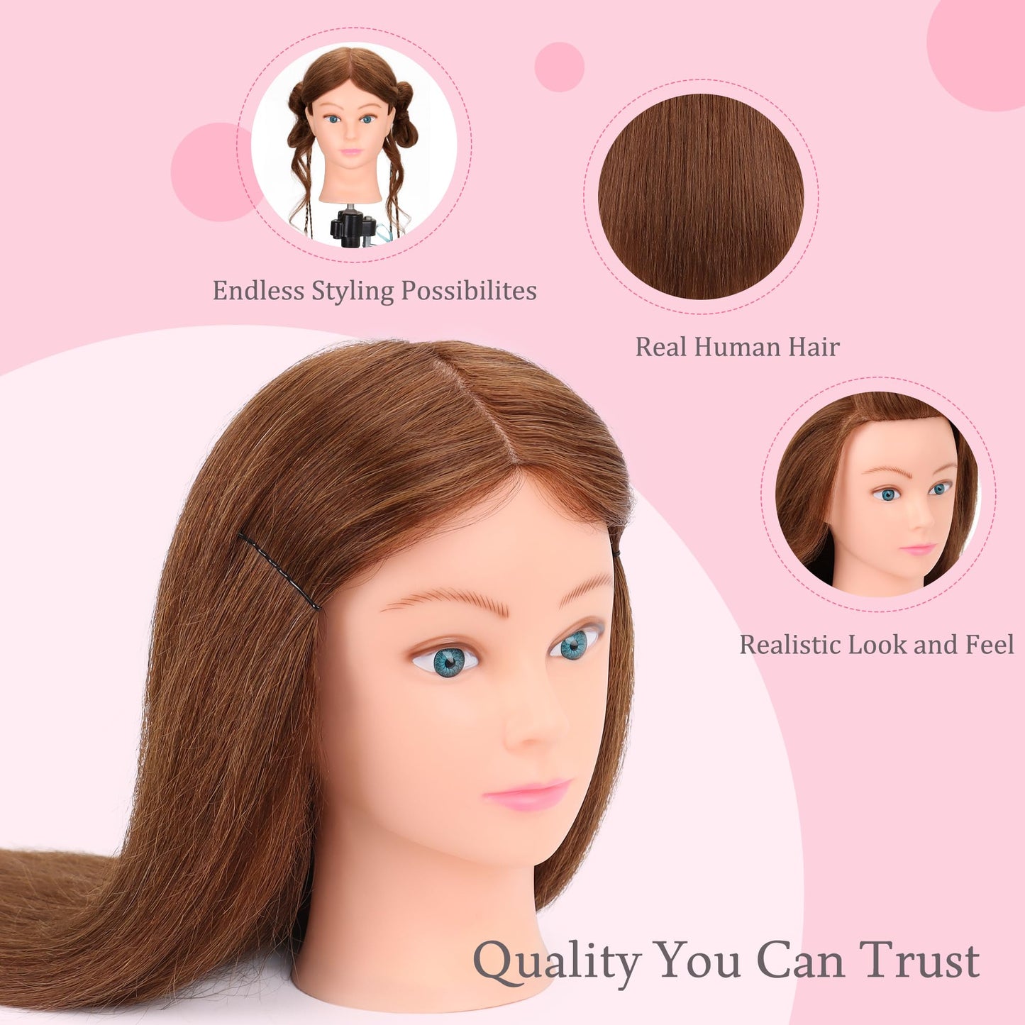 Misty Rose Mannequin Head Human Hair 22"-24" Female 100% Human Hair Mannequin Head Hair Styling Cosmetology Manikin Head Doll Head for Hairdresser with Clamp Holder and Tools (dark brown)