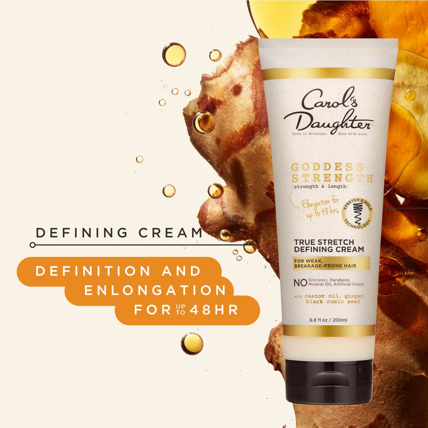 Seashell Carol's Daughter Goddess Strength True Stretch Defining Hair Cream For Waves, Coils and Curls, Curl Defining Cream with Castor Oil, 6.8 Fl Oz