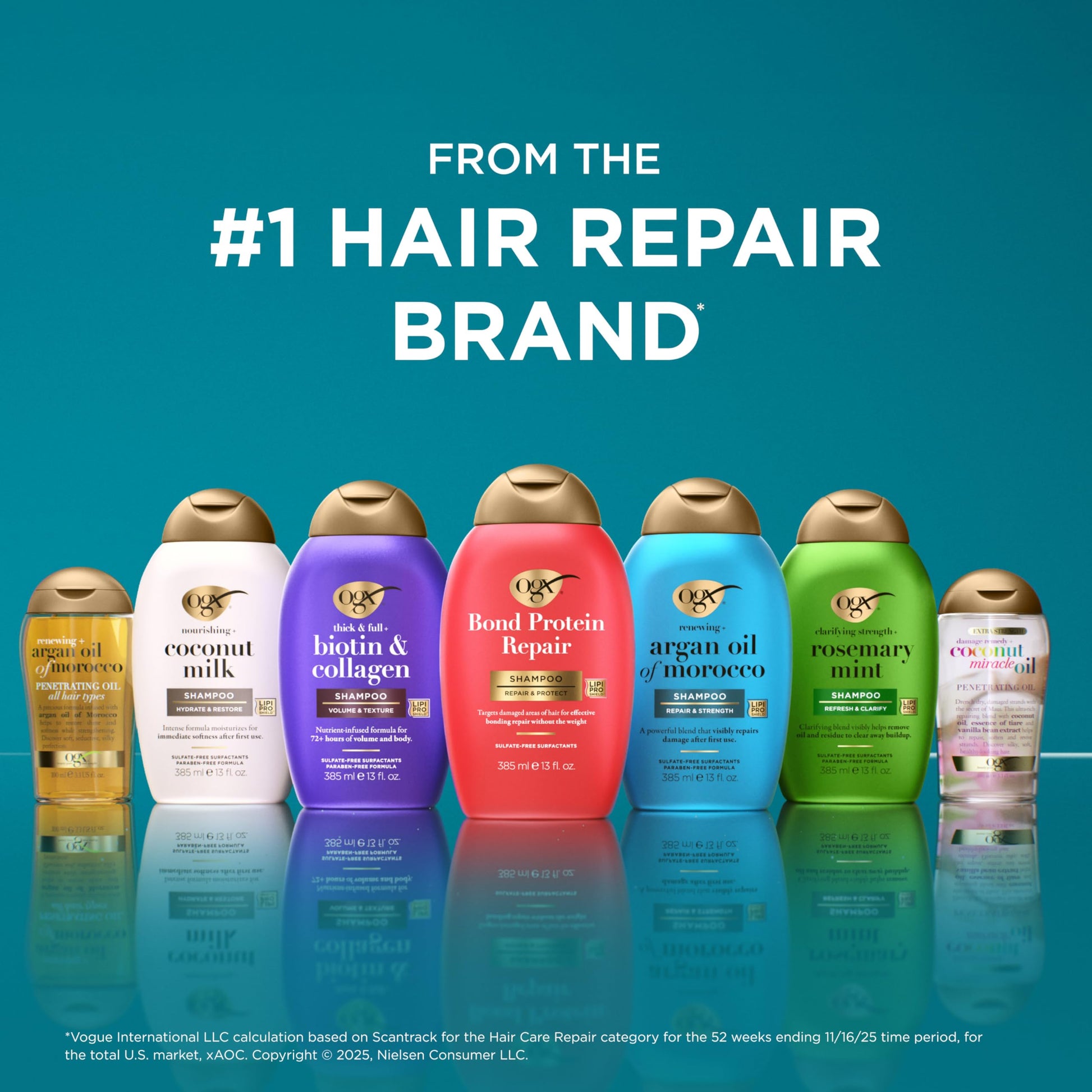 Dark Cyan OGX Repair & Protect Bond Protein Repair Shampoo, Lightweight Hair Wash Cleanses & Targets Damaged Hair for Effective Bond Repair, Formulated without Parabens, 13 fl. oz