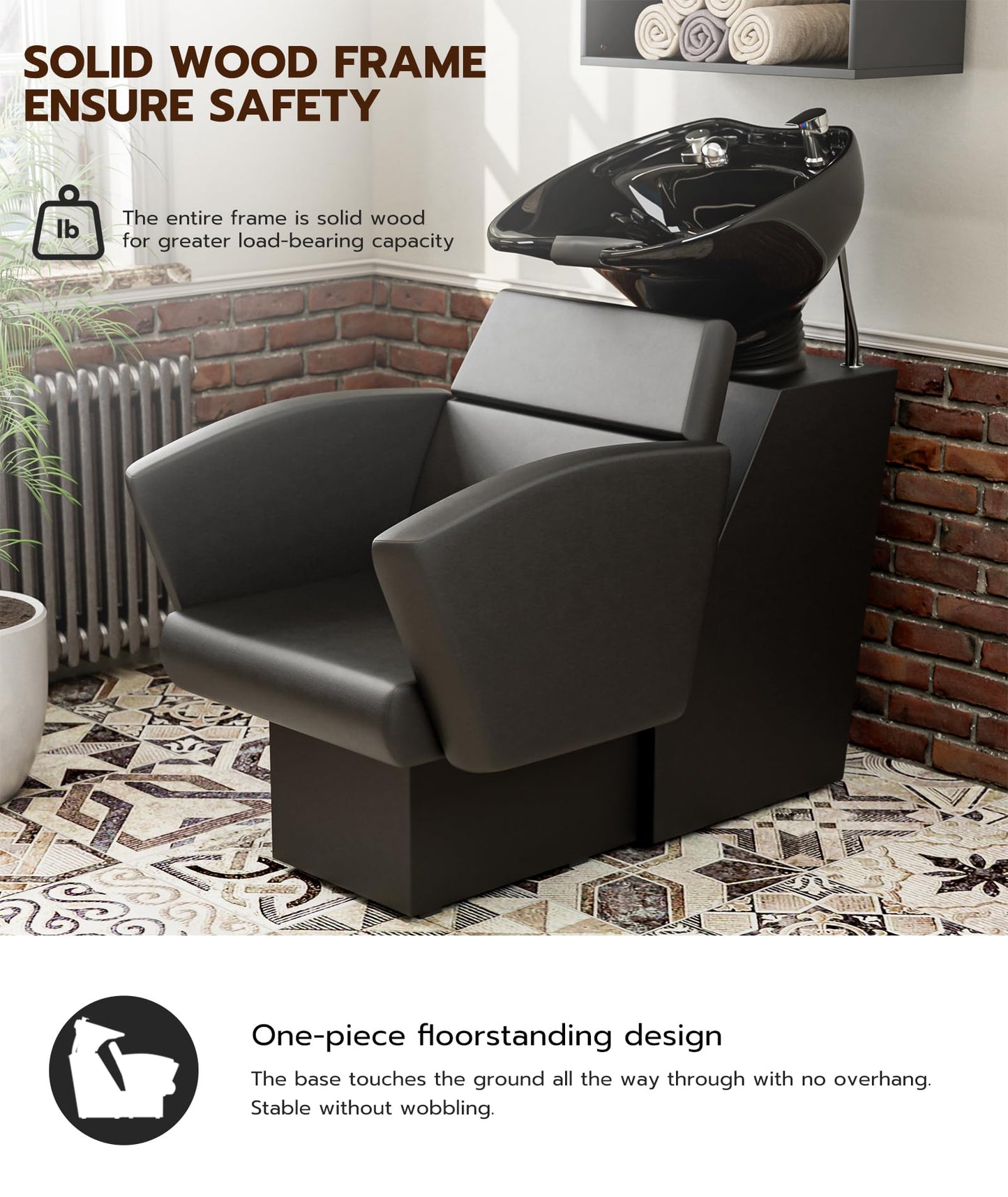 White Smoke Icoget Shampoo Bowl and Chair Set for Salon, Deep Porcelain Tilting Salon Sinks for Hair Stylist, Backwash Shampoo Stations for Barber,Home, Black