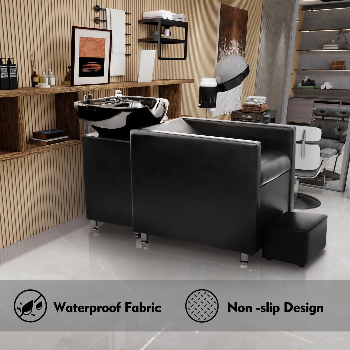 Black KIGOTY Shampoo Backwash Unit, Shampoo Bowl and Chair Set with Ceramic Sink, Reclining Shampoo Station with Footrest, Backwash Barber Chair for Salon Spa, Black