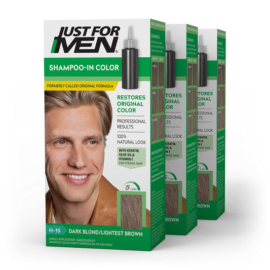 White Smoke Just For Men Shampoo-In Color (Formerly Original Formula), Mens Hair Color with Keratin and Vitamin E for Stronger Hair - Dark Blond/Lightest Brown, H-15, Pack of 3