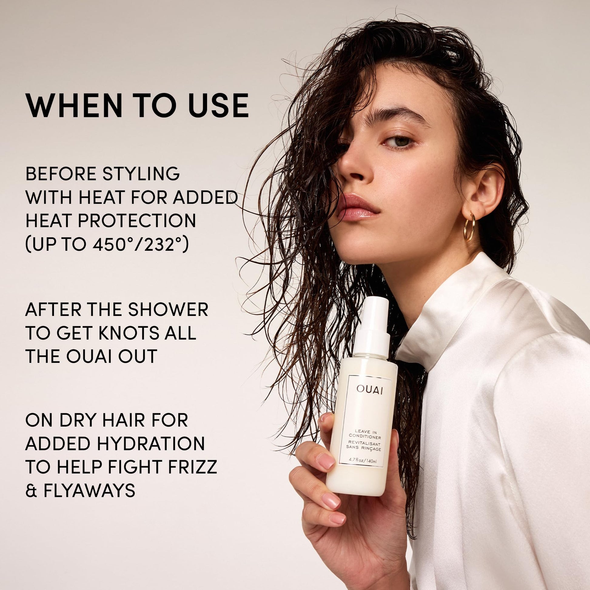 Light Gray OUAI Leave In Conditioner & Heat Protectant for Hair - Prep Hair for Styling or Use as Detangling Spray to Fight Frizz & Flyaways - No Parabens, Sulfates or Phthalates (1.5 oz)