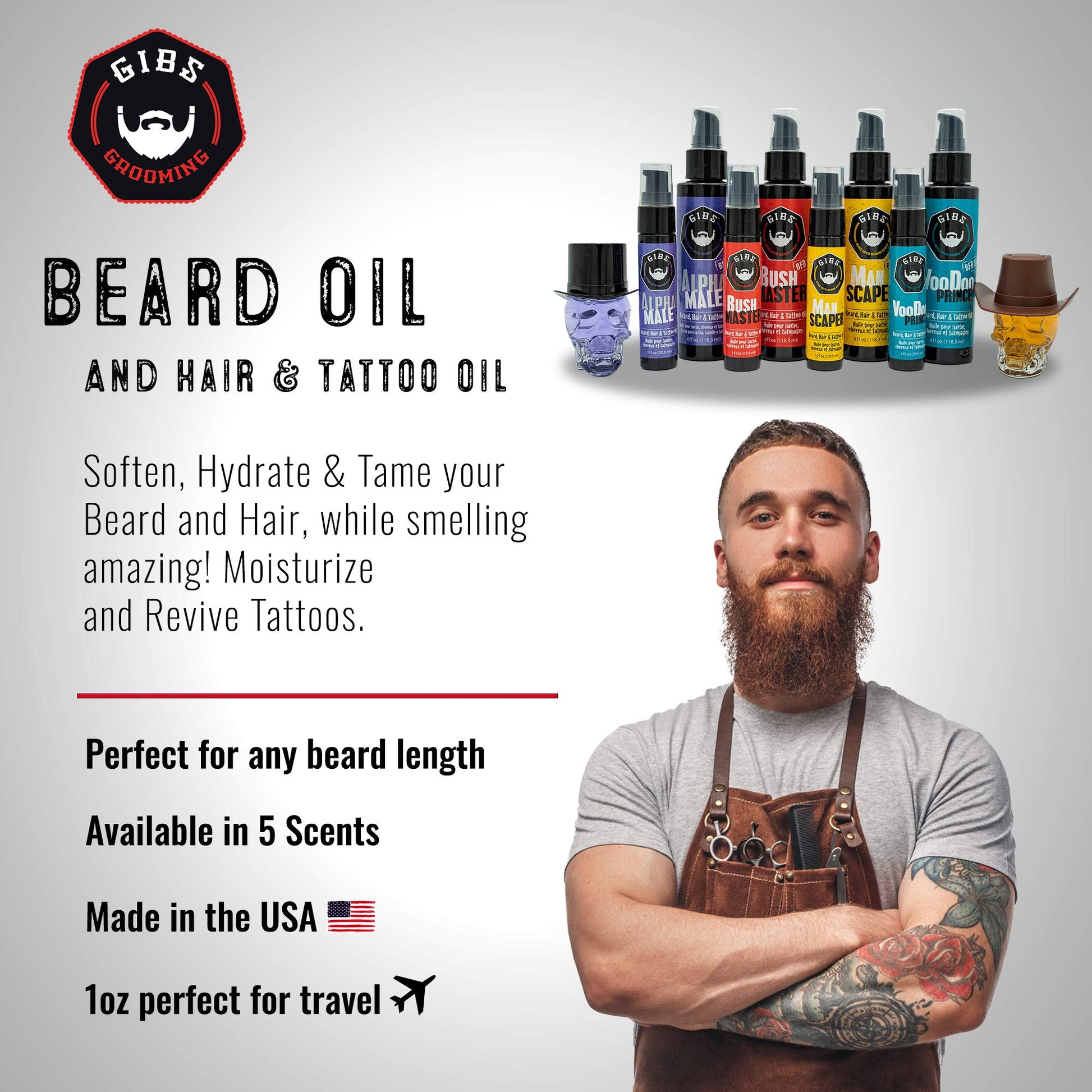 White Smoke GIBS Grooming - Alpha Male Beard, Hair & Tattoo Oil (1 fl oz) Collectible Glass Skull Bottle - Softens & Strengthens - Skin Moisturizer - Vitamin C - UV Shield - Travel Size - Beard Oil - Made in USA