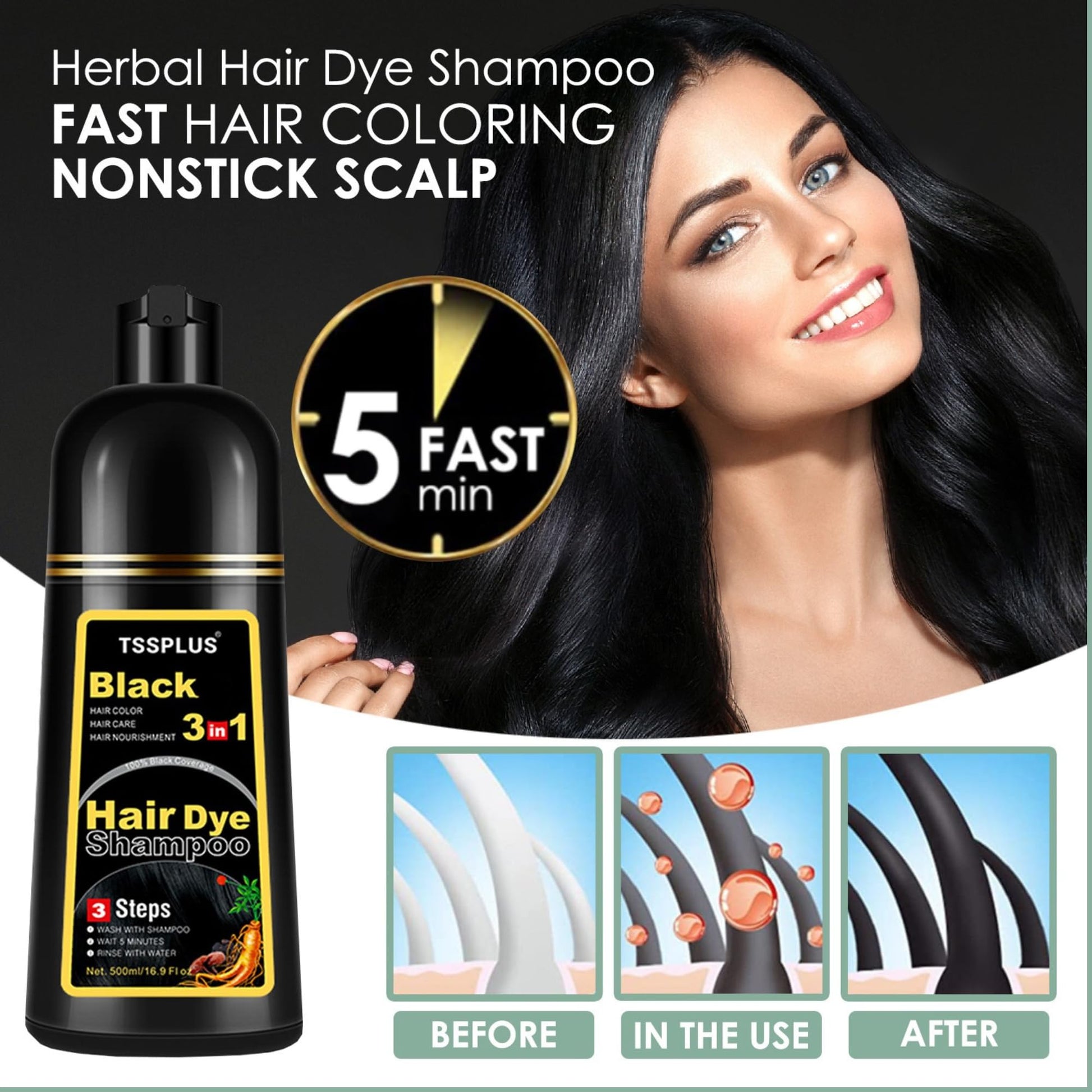 Black TSSPLUS Black Hair Dye Shampoo, 500ml - Organic Natural Hair Color Dye Shampoo for Women & Men, Instant Gray White Hair Cover, Plant Essence, Semi-Permanent
