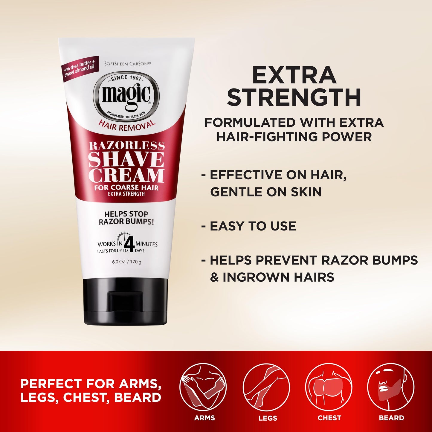 Antique White SoftSheen-Carson Magic Razorless Shaving Cream, Depilatory Hair Removal Cream for Body Hair, Extra Strength, Works in 4 Minutes for, 6 oz