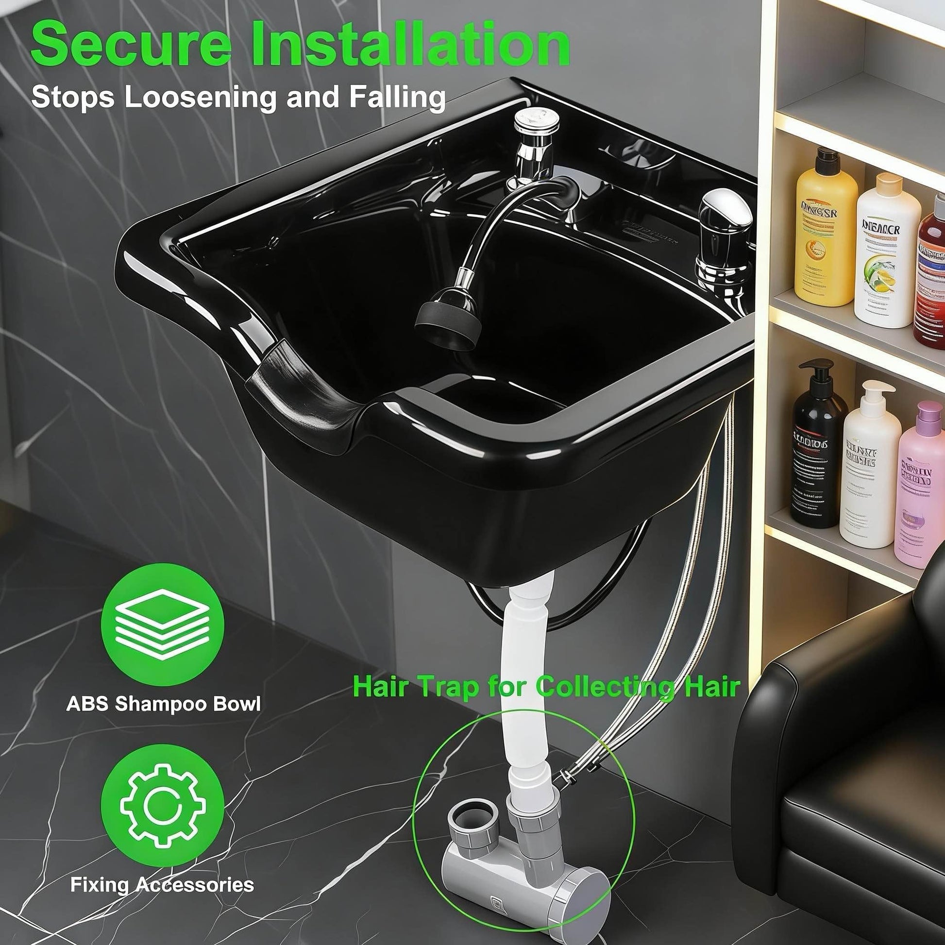 Dark Slate Gray Shampoo Bowl for Salons, Hair Sink with Upgraded Leak-Proof Drain Kit, Portable Hair Washing Sink for Salon & Home, Hairs Backwash Basin Beauty Salon Equipment for Hairstylists