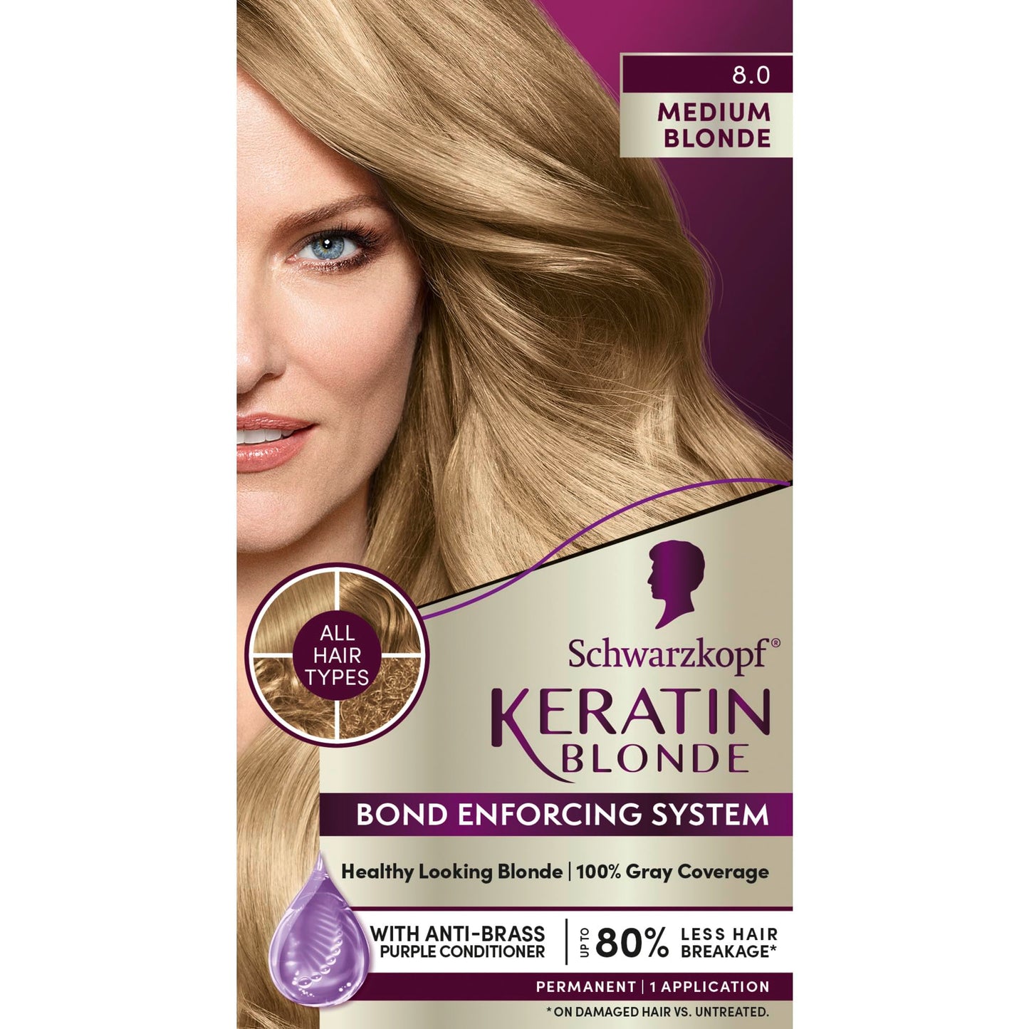 Dark Gray Schwarzkopf Keratin Blonde Hair Dye, 8.0 Medium Blonde, Professional Quality Permanent Hair Color, Bond Enforcing System, Pre-Color Serum & Purple Conditioner Included