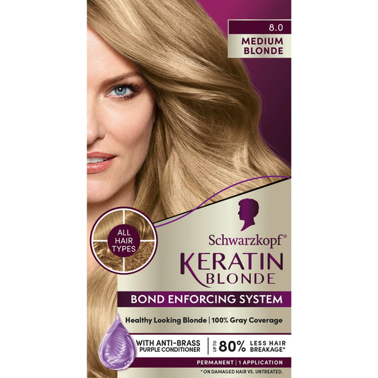 Dark Gray Schwarzkopf Keratin Blonde Hair Dye, 8.0 Medium Blonde, Professional Quality Permanent Hair Color, Bond Enforcing System, Pre-Color Serum & Purple Conditioner Included