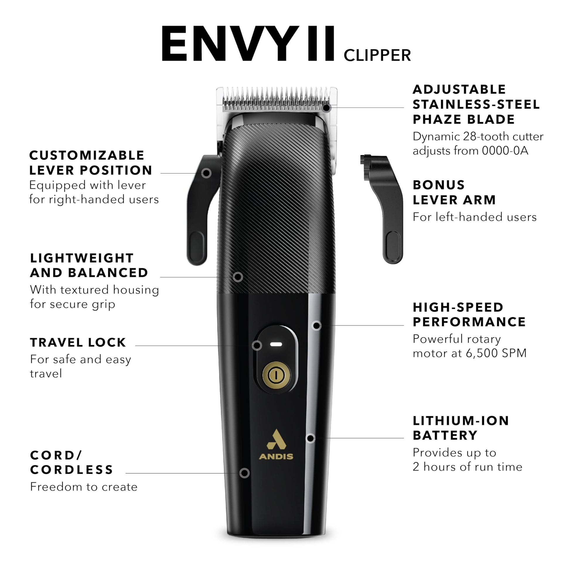 White Smoke Andis Envy II Cordless Clipper, Professional Lithium-ion Electric Beard & Hair Clipper, Phaze Blade, Cordless, Black