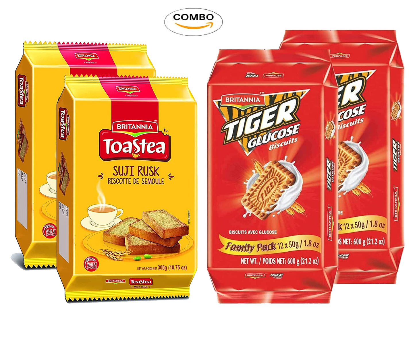 White Smoke Britannia Wheat Rusk & Tiger Glucose Variety Pack - Breakfast & Tea Time Snacks - Crunchy and Delicious (Pack of 1 Each)