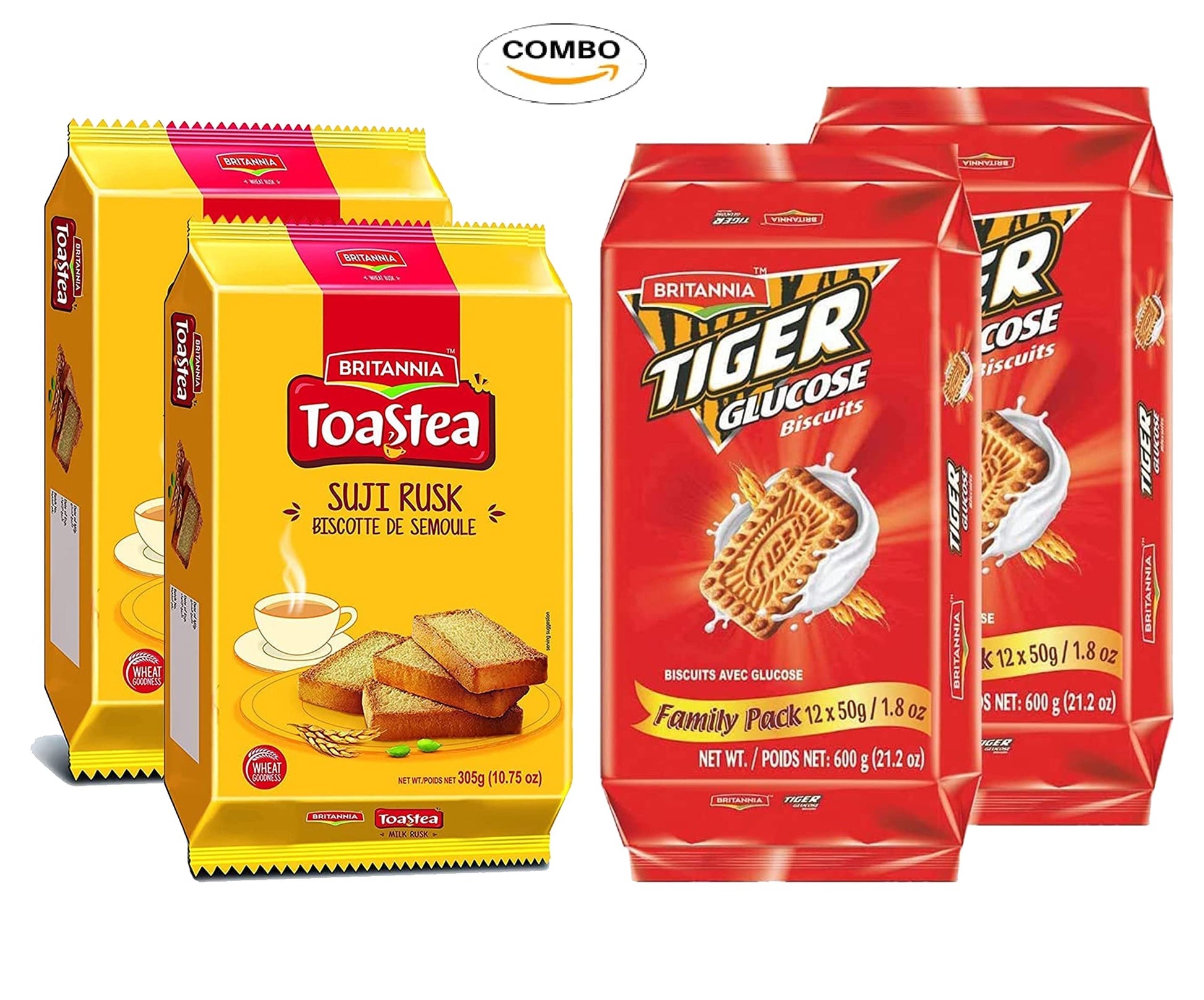 White Smoke Britannia Wheat Rusk & Tiger Glucose Variety Pack - Breakfast & Tea Time Snacks - Crunchy and Delicious (Pack of 1 Each)