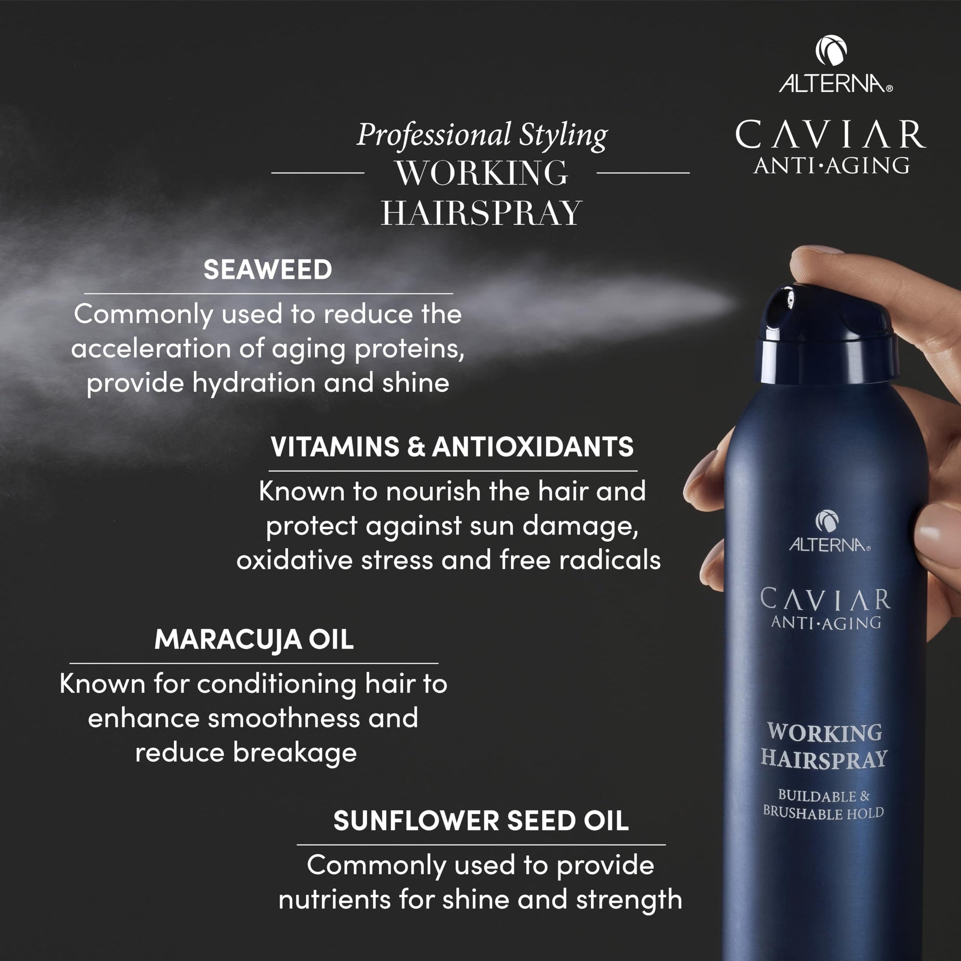 Dark Slate Gray Alterna Haircare CAVIAR Anti-Aging Working Hairspray Travel Size 3 Fl Oz | Buildable, Brushable Hold | Helps Control Frizz and Adds Shine | Sulfate Free
