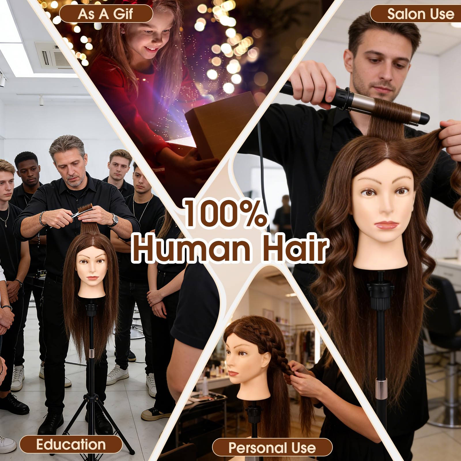 Black 18 Inch 100% Real Human Hair Mannequin Head, Cosmetology Manikin Head Training Doll Head for Hair Styling, Braiding, Curling Practice, with Table Clamp Holder & Complete Styling Tools Kit(Brown)