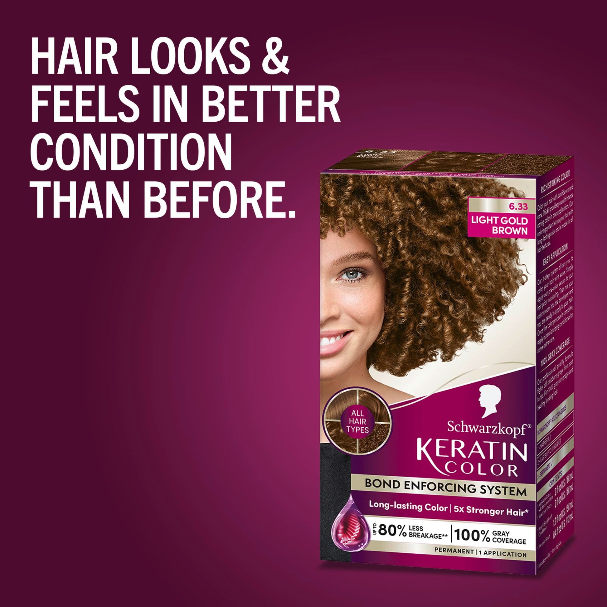 Dark Red Schwarzkopf Keratin Permanent Hair Dye Cream, 6.33 Light Gold Brown, Professional Quality Color for Up to 100% Gray Coverage, Bond Enforcing System