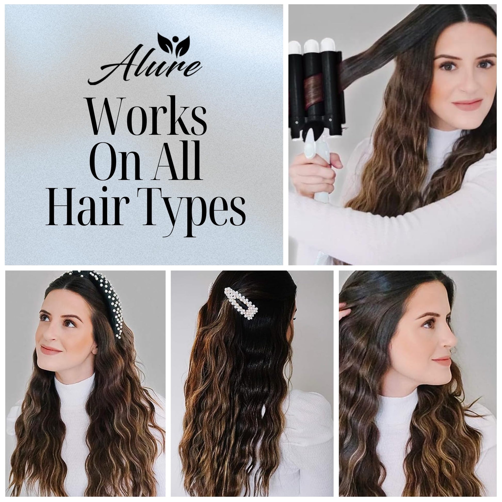 Gray Alure Three Barrel Curling Iron Wand Hair Waver with LCD Temperature Display - 1 Inch Ceramic Tourmaline Triple Barrels, Dual Voltage Crimp (Black/White)