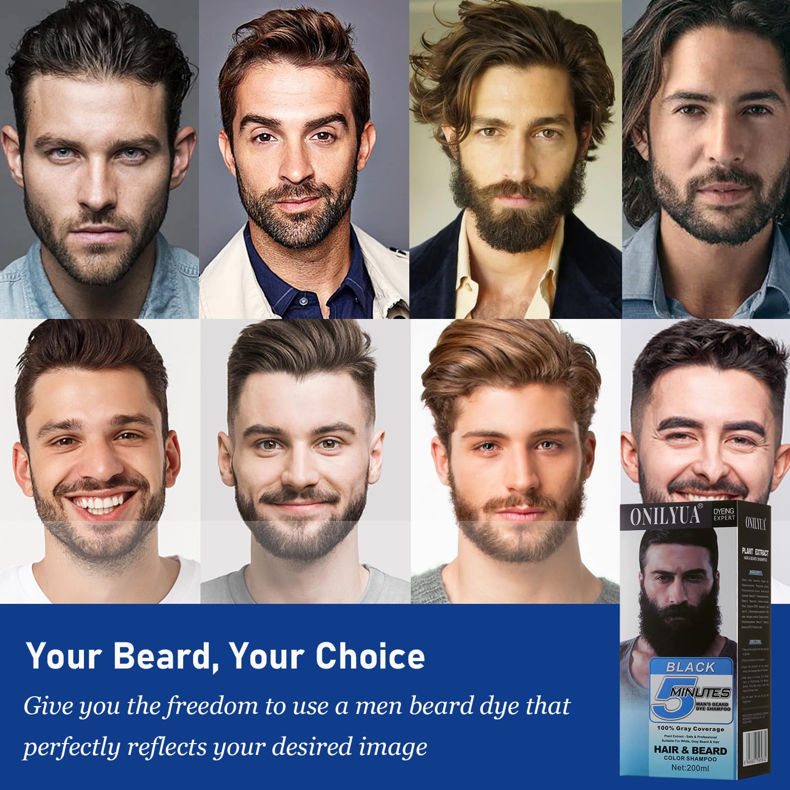 Midnight Blue Men's Long-Lasting Black Hair Dye & Root Touch Up for Gray Coverage - 5 Minute Natural Beard & Mustache Coloring Shampoo 3-in-1