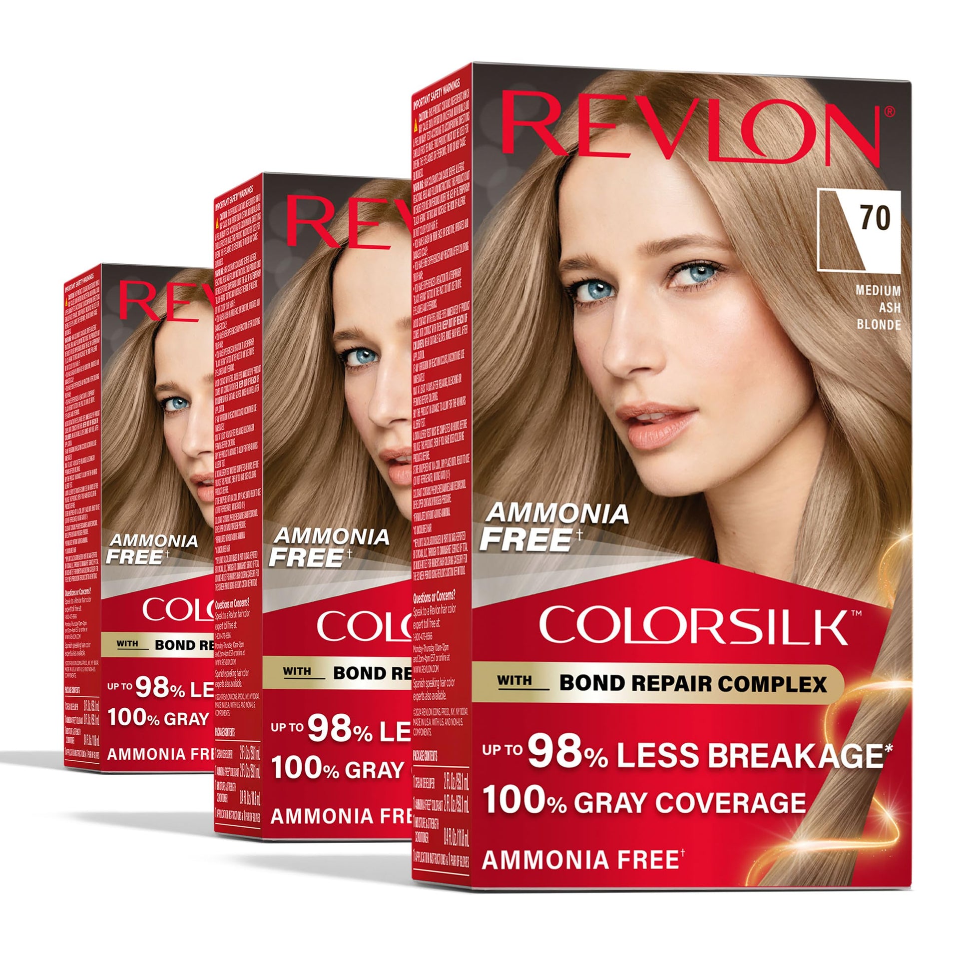 White Smoke Revlon ColorSilk with Bond Repair Complex, Blonde Permanent Hair Color, 100% Gray Coverage, Ammonia Free Hair Dye, Vegan Keratin, 70 Medium Ash Blonde (Pack of 3)