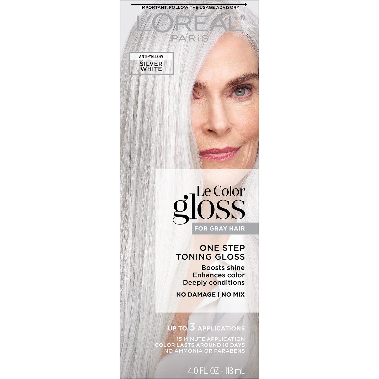 Gray L’Oreal Paris Le Color Gloss One Step Toning Gloss, In-Shower Hair Toner with Deep Conditioning Treatment Formula for Gray Hair, Silver White, 1 Kit