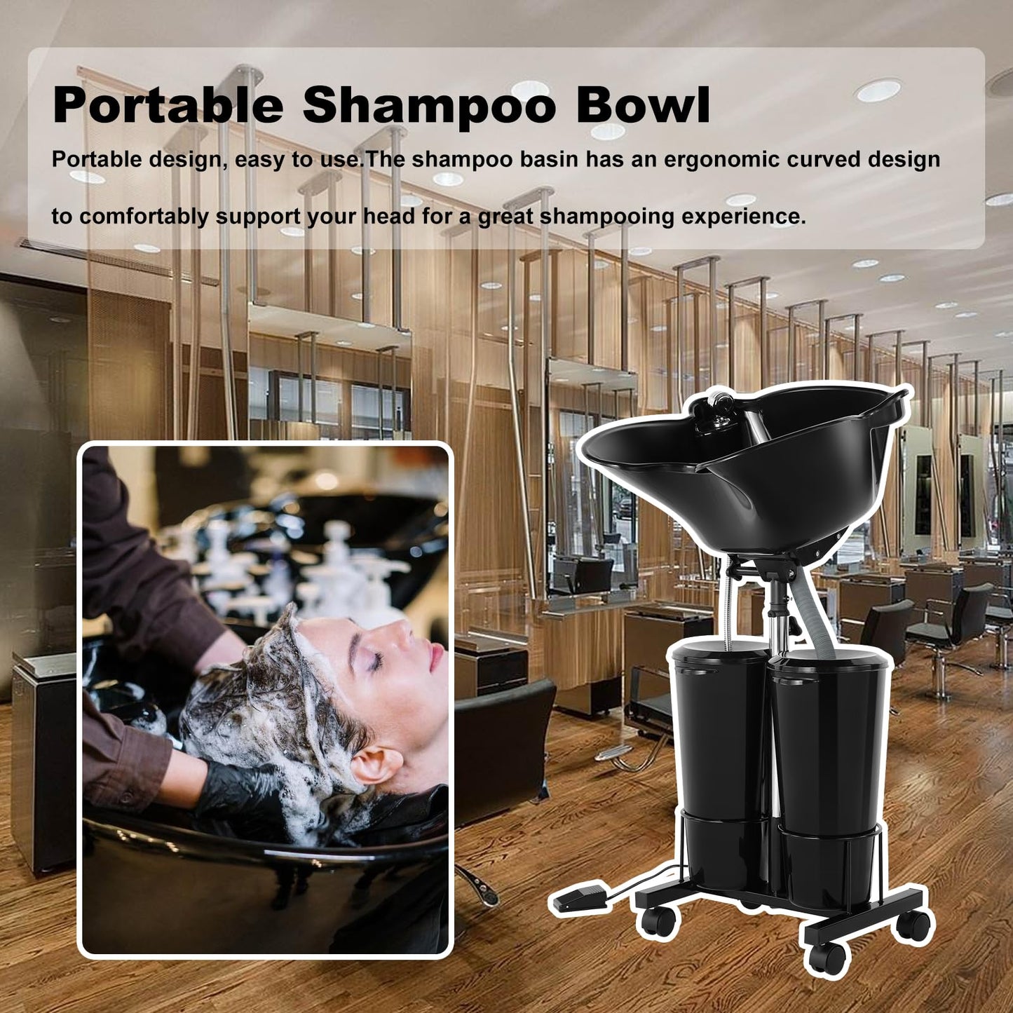 Black Portable Shampoo Bowl Unit Height Adjustable with 2 Bucket Hair Washing Station with Electric Pump and Drain Hoses, 270 Degree Rotation of Shampoo Basin Barber and Stylist Hair Salon Accessories