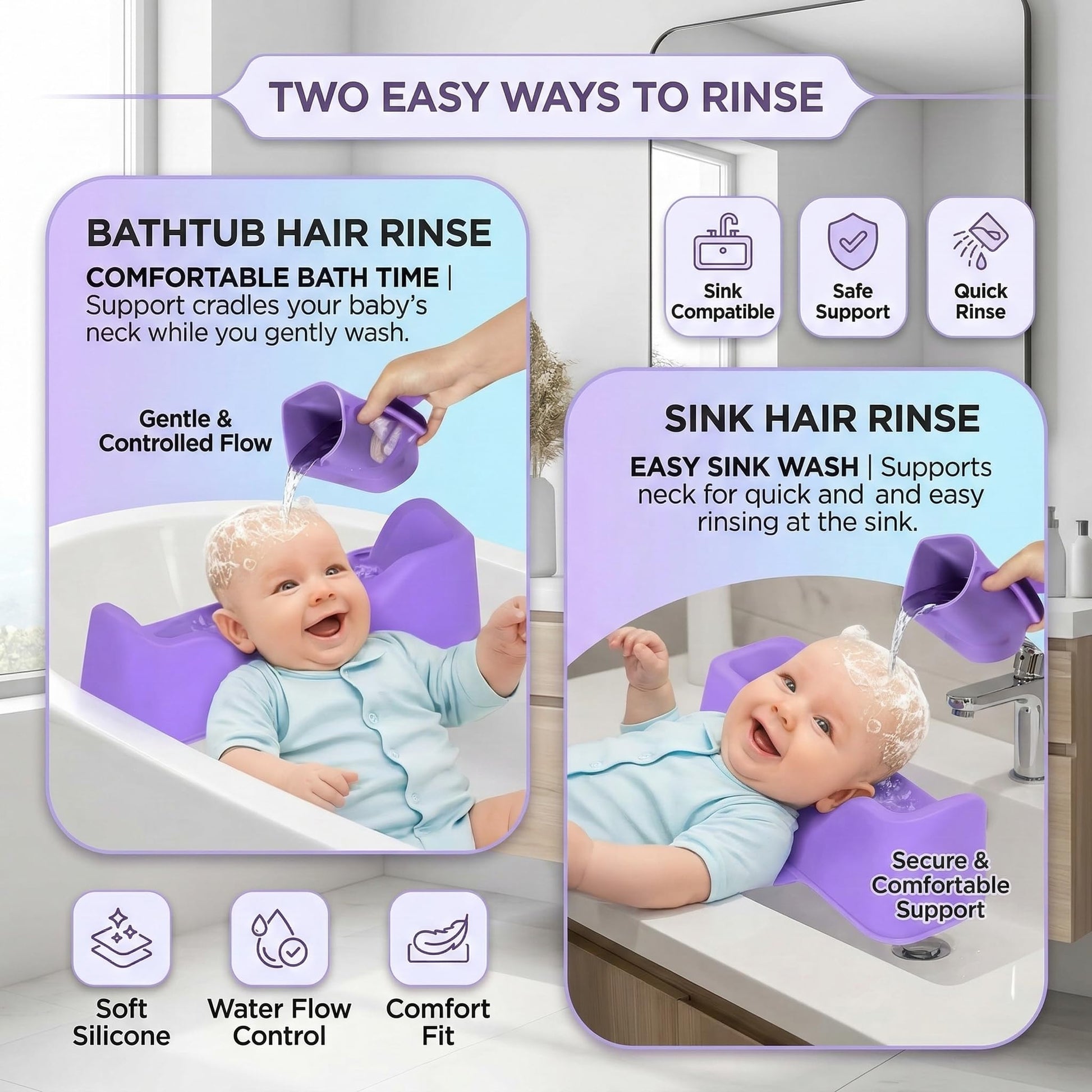 Gray Portable Hair Washing Station for Kids – Silicone Hair Washing Basin for sink and Teens,Tear-Free Shampoo Bowl with baby bath Rinse Cup, Neck Support for Kids-Purple