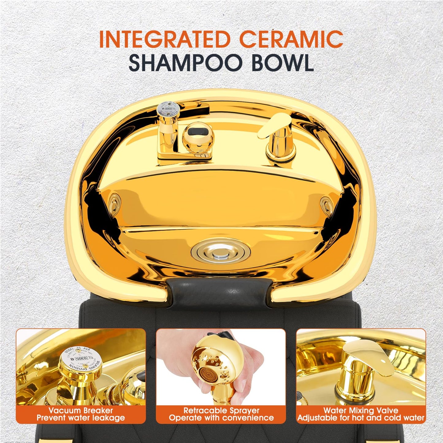 Lavender Artist hand Shampoo Station, Backwash Chair, Ceramic Hair Wash Bowl, Shampoo Bowl for Spa Beauty Salon (Gold)
