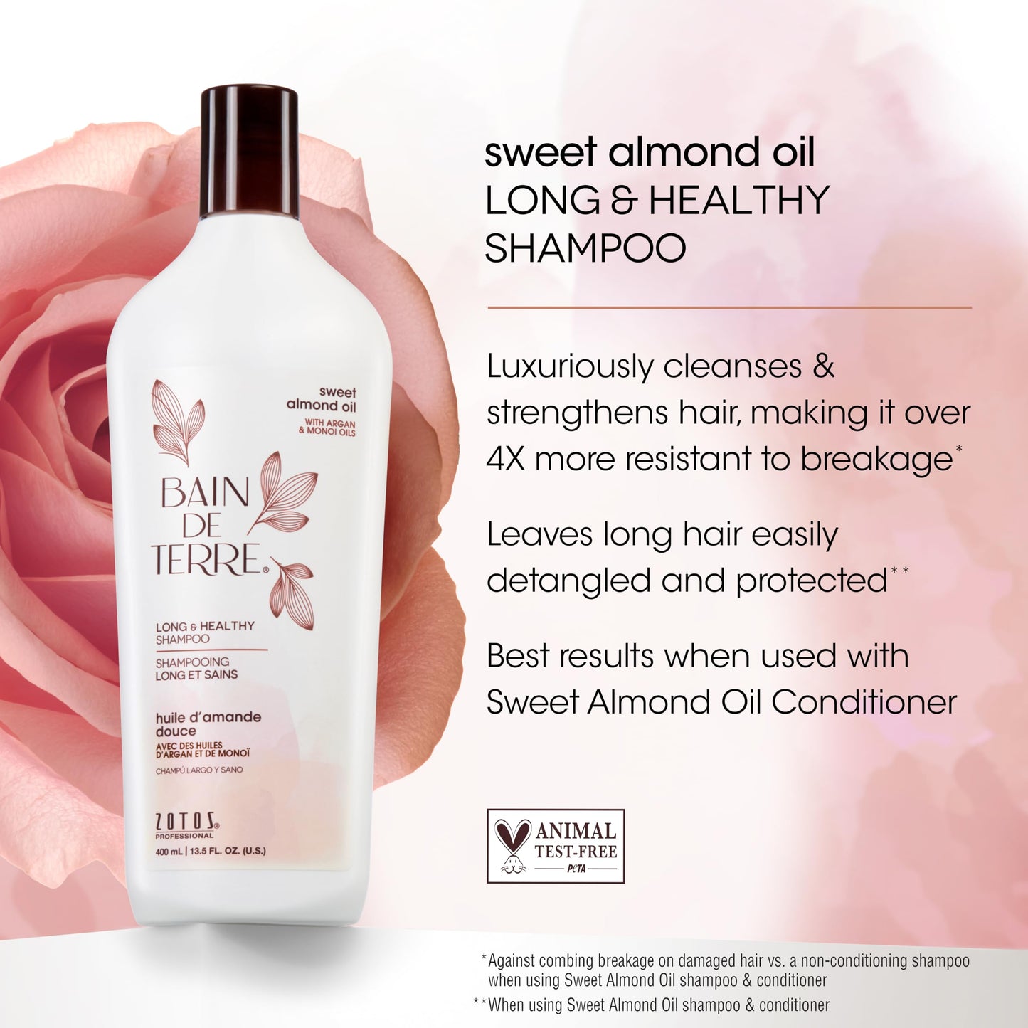 White Smoke Bain de Terre Sweet Almond Oil Long & Healthy Shampoo, Strength & Protection for Weak, Damaged Hair, with Argan & Monoi Oils, Paraben-Free, Color-Safe, Vegan, 13.5 Fl Oz
