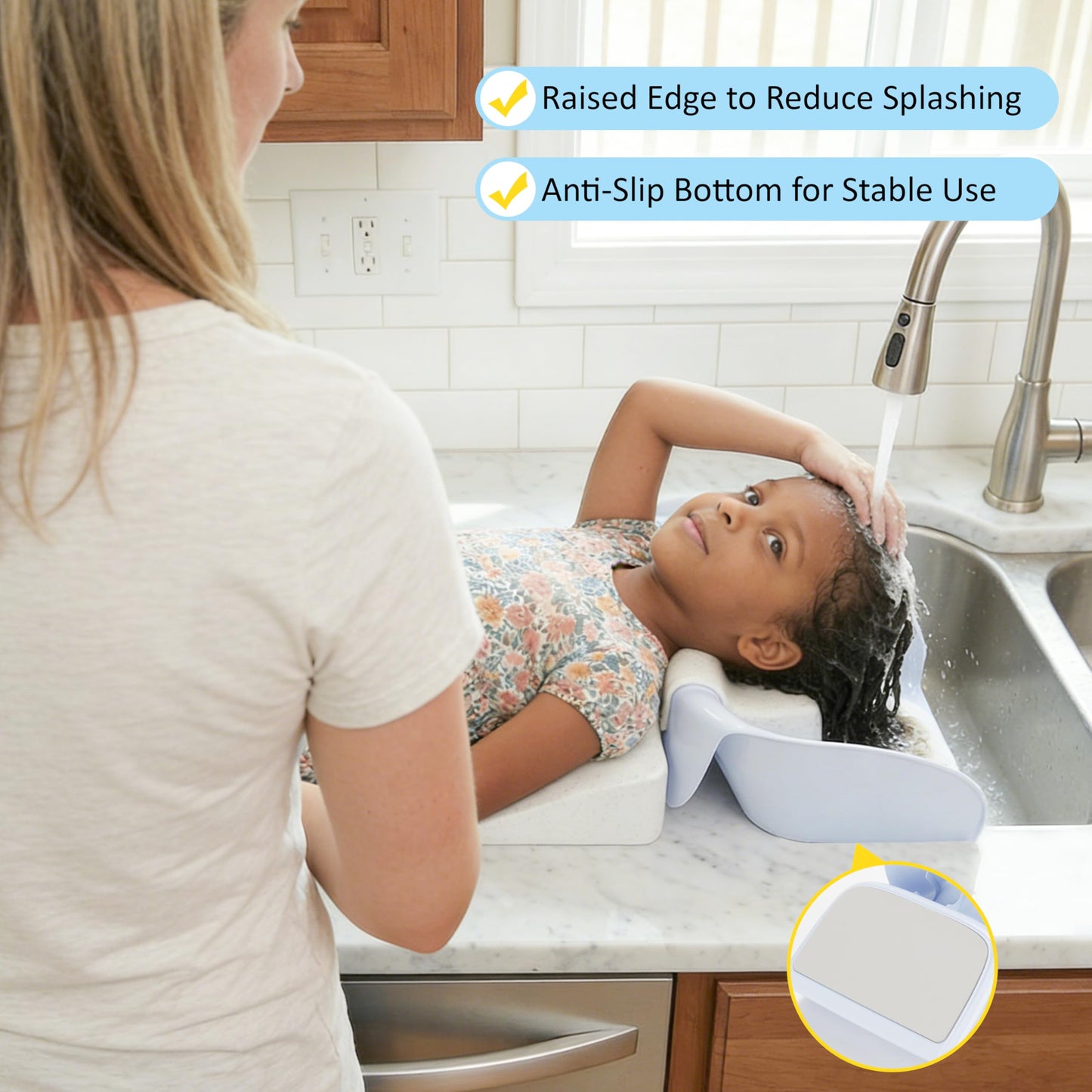 Gray FANTOVO Hair Washing Station for Kids, Portable Hair Washing Basin with Ergonomic Neck Support for Home Sink, Tear-Free Shampoo Bowl for Kids & Toddlers