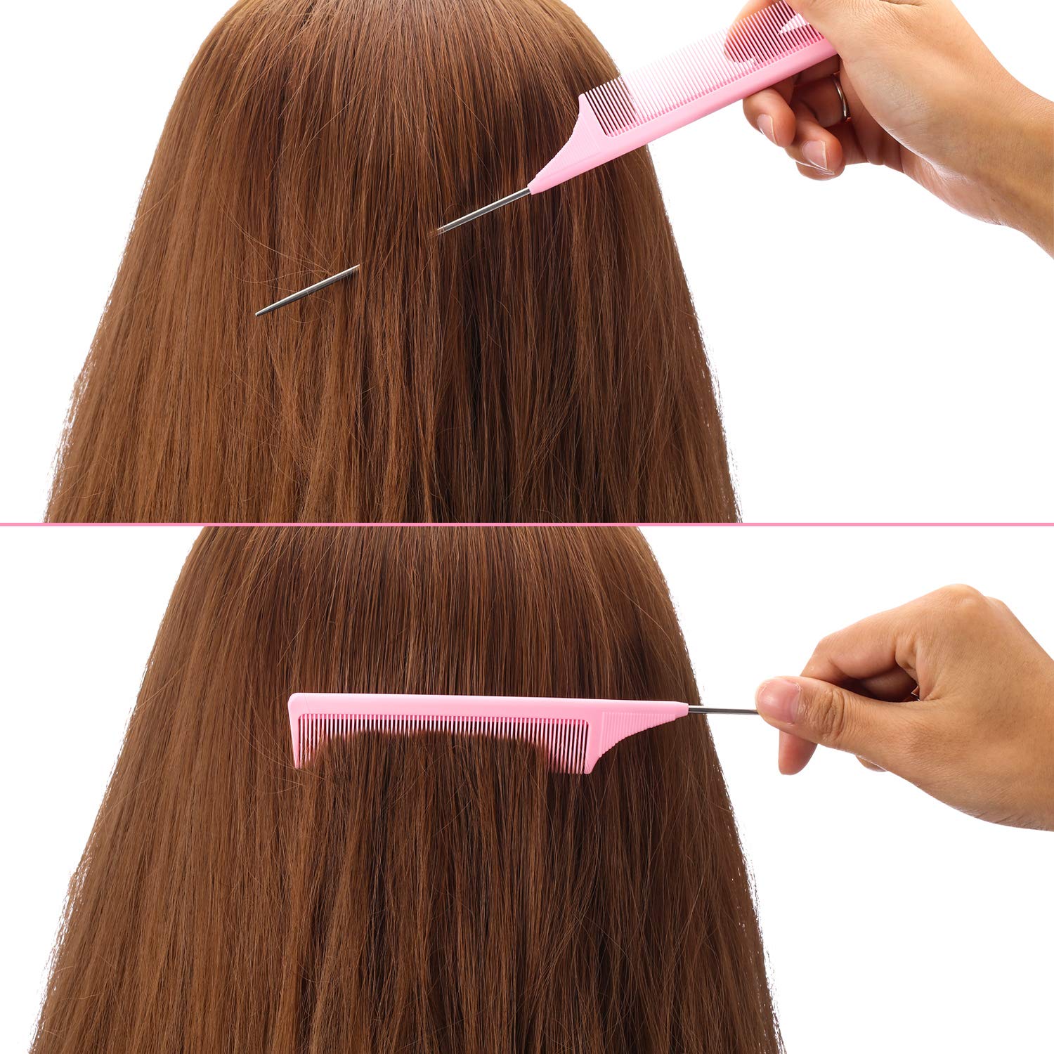 White Smoke 3 Packs 9 Inch Rat Tail Comb Carbon Fiber Heat Resistant Teasing Comb with Metal Pick Styling Parting Lightweight Sectioning Fine Tooth Combs for Women Girls