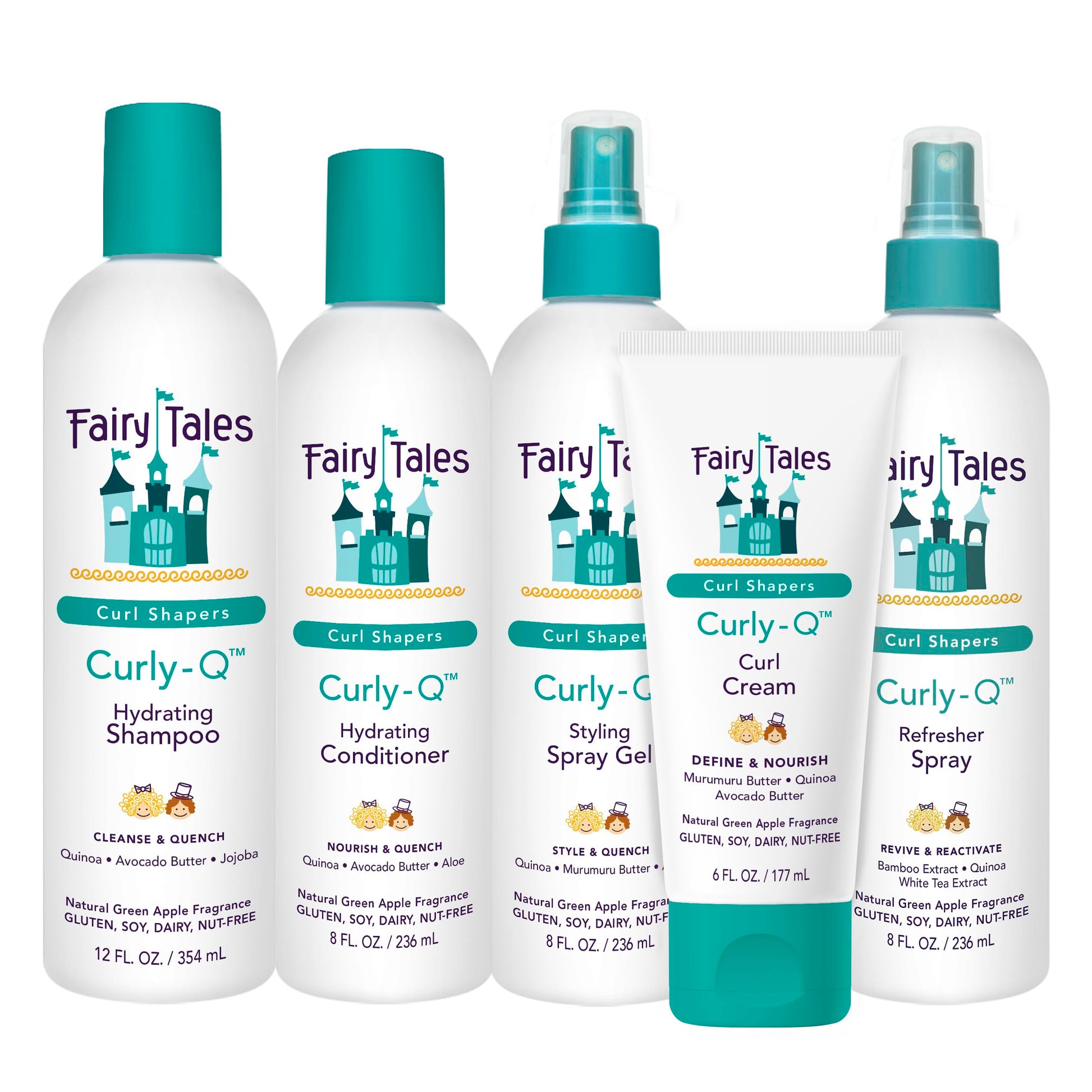 White Smoke Fairy Tales Curly Q Kids Curly Hair Products Set – Curl Shampoo, Curl Conditioner, Curl Cream, Curl Refresher & Kids Styling Spray Gel – Phthalate, Paraben, Gluten Free, 5 Count