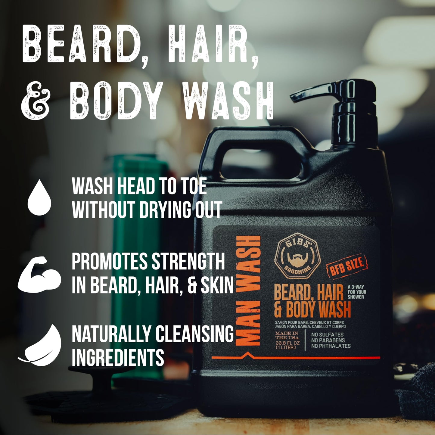 Black GIBS Grooming - Amber Man Wash (12 fl oz) 3-in-1 Beard, Hair, Body Soap - Citrus, Oak, Basil Scent - Sulfate Free - Tea Tree Oil, Hemp Oil, Protein - Mens Body Wash & Mens Shampoo - Made in USA
