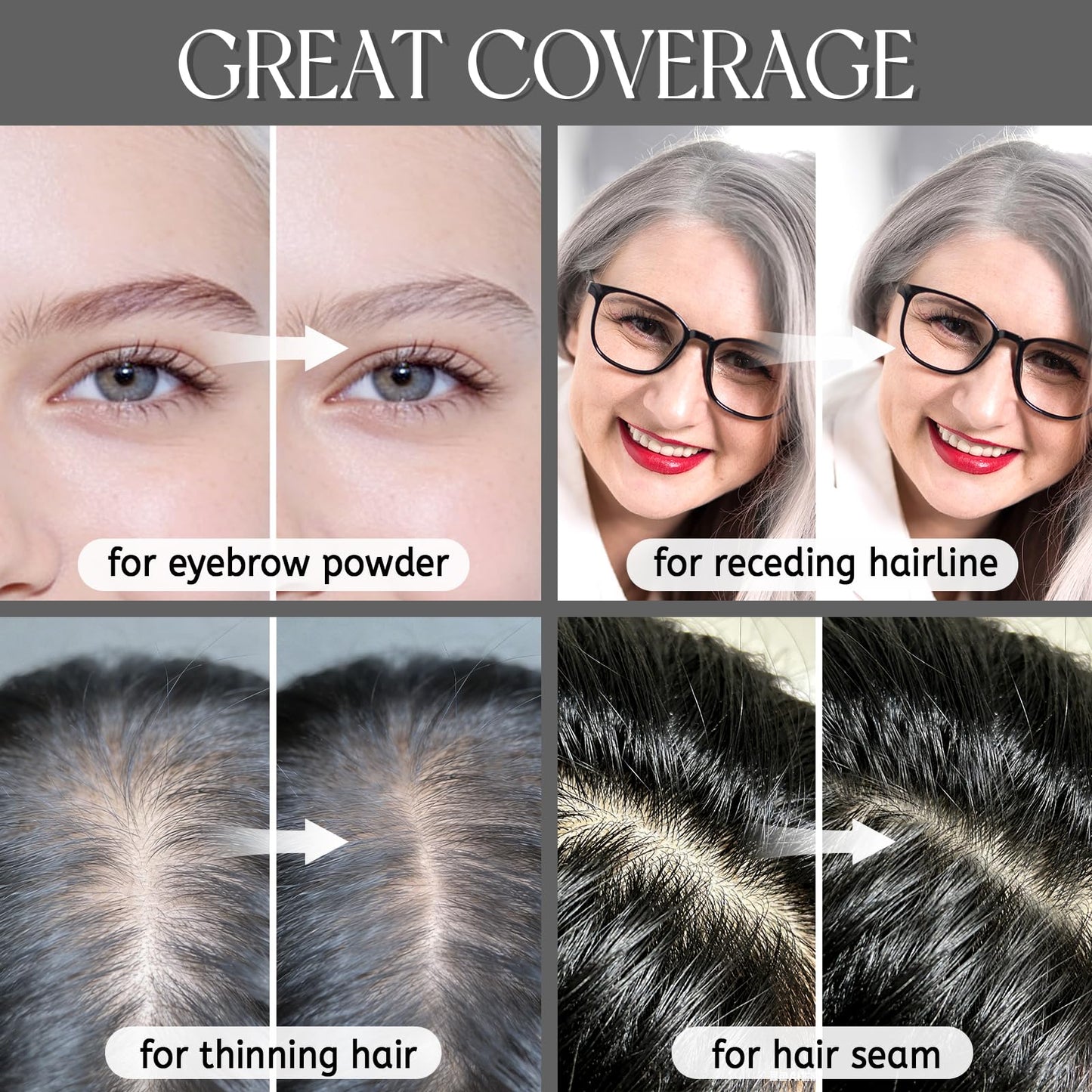 Dim Gray Comdian Hairline Powder for Women and Men, 3 Color Root Touch Up Hair Color Powder for Gray Coverage, Thinning Hair and Bald Spot, Black