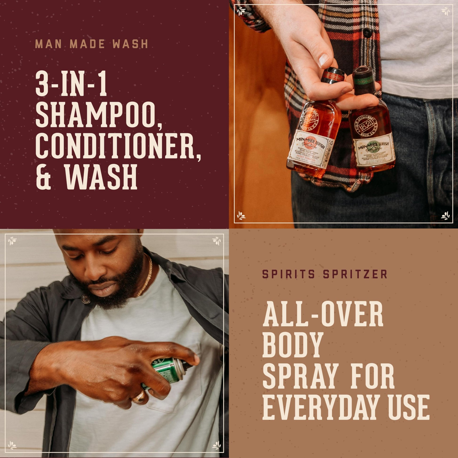 Sienna 18.21 Man Made Original Sweet Tobacco Scent 3-in-1 Body Wash and Spirit Spritzer 2-Pack Bundle, All Hair & Skin Types for Men, Strengthens and Moisturizes in a Manly Aroma