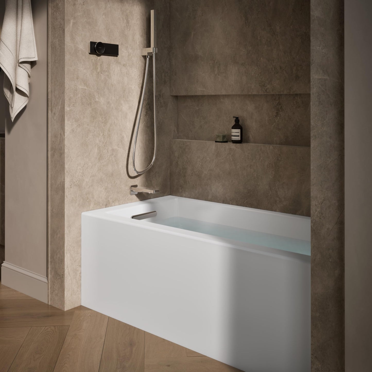Dark Olive Green Kohler 20201-LA-0 Underscore® 60" x 30" alcove bath with integral apron, integral flange, and left-hand drain, White